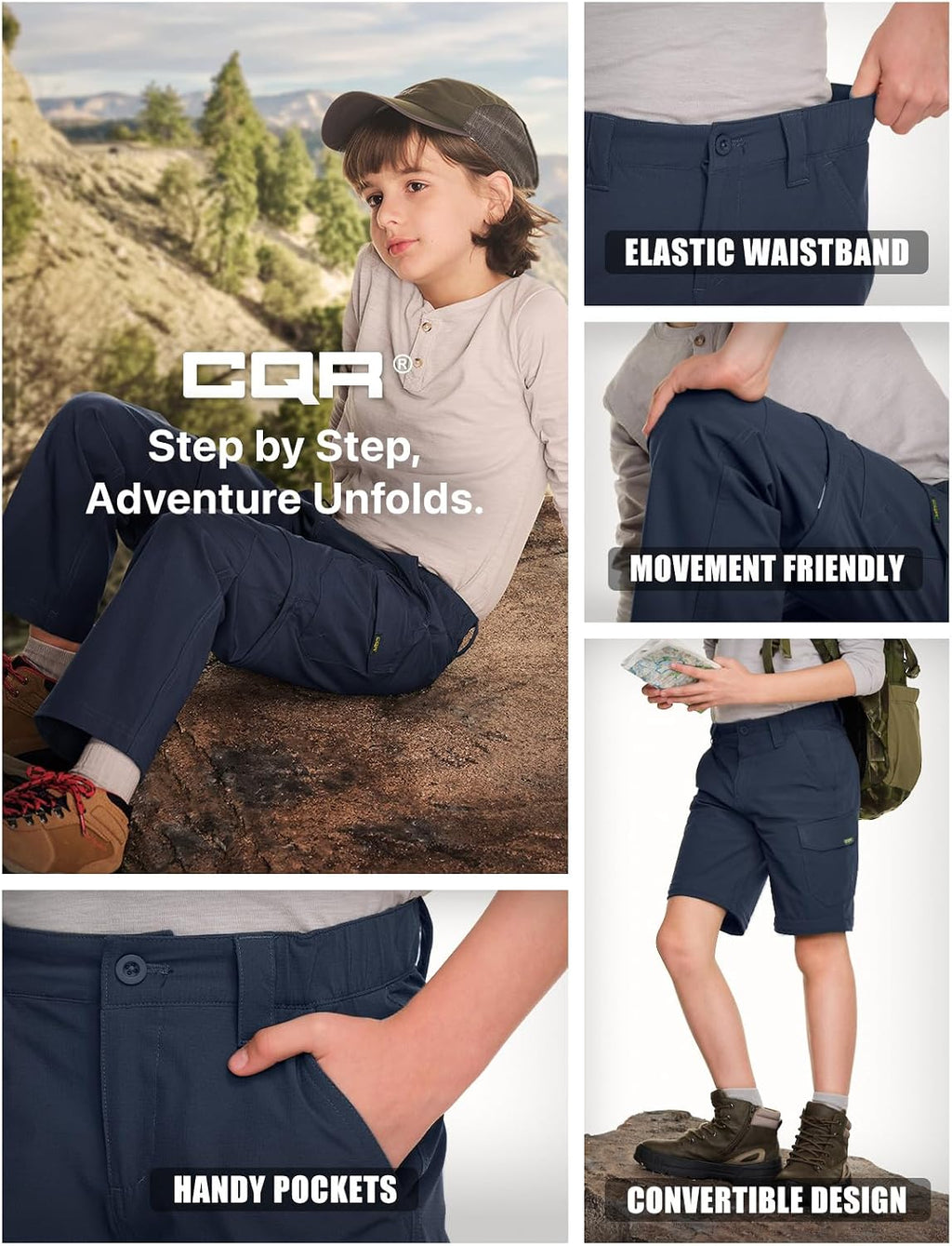 CQR Kids Youth Hiking Cargo Pants, UPF 50+ Quick Dry Convertible Zip Off Pants, Outdoor Camping Pants
