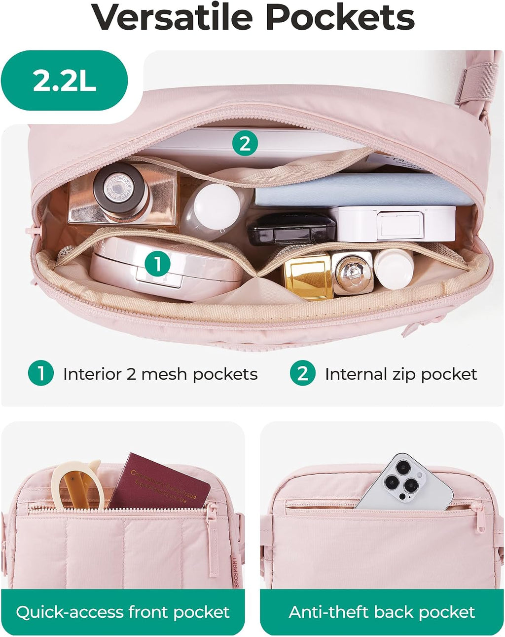 BAGSMART Fanny Packs for Women Cross Body, Quilted Puffy Belt Bag with Pockets, Fashion Waist Packs for Traveling Hiking, Chocolate