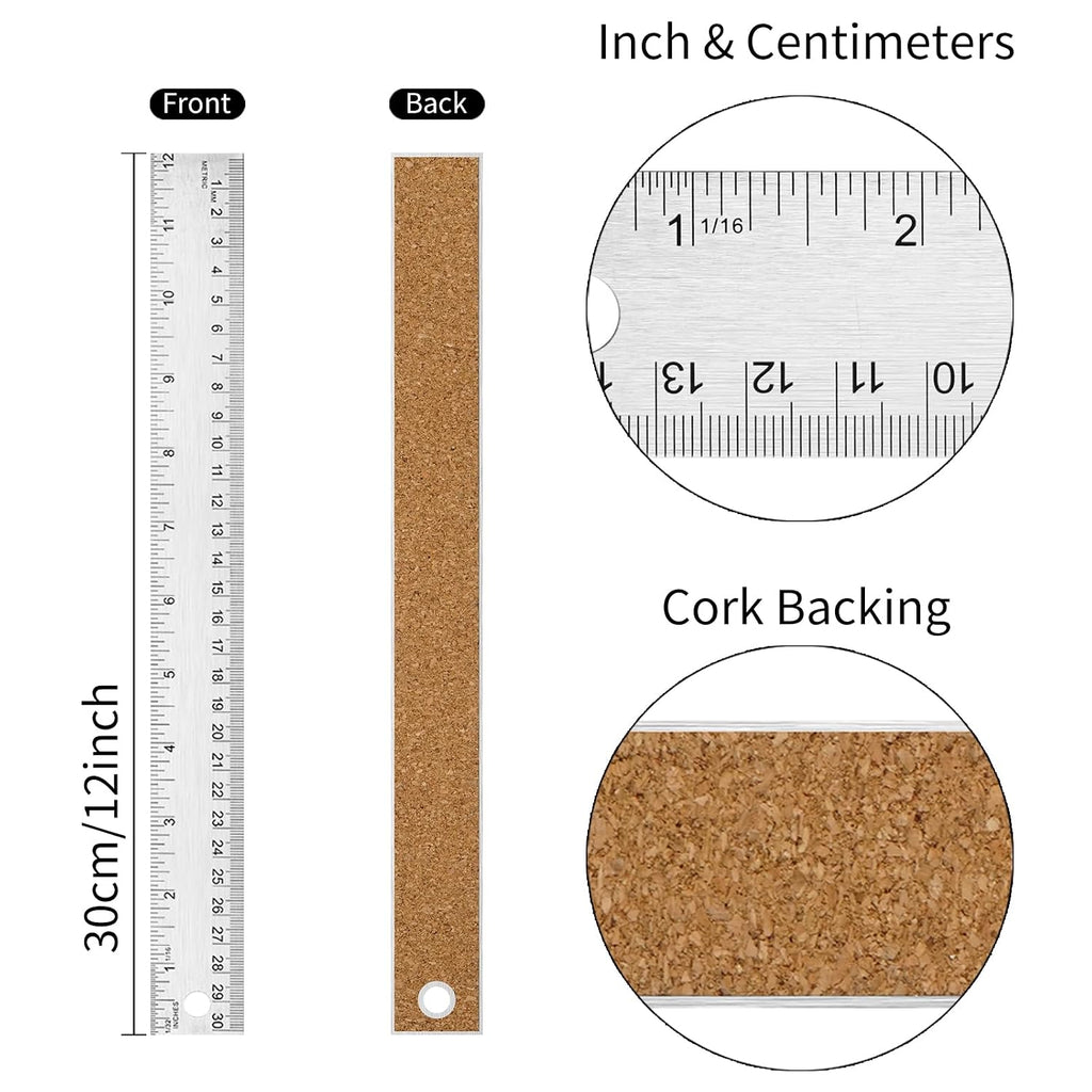12 Inch Metal Ruler with Cork Backing, Imperial & Metric 10 Pack