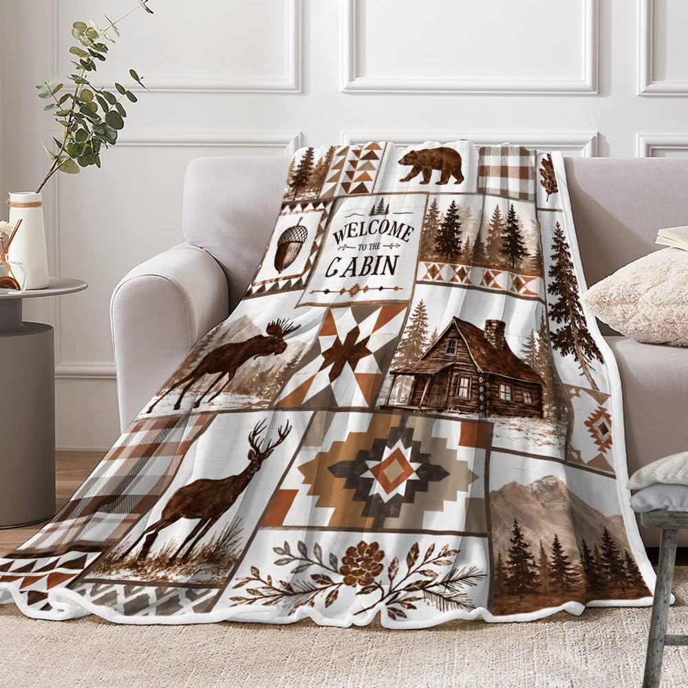 Rustic Cabin Throw Blanket, Bear Deer Moose Patchwork Lodge Home Decor