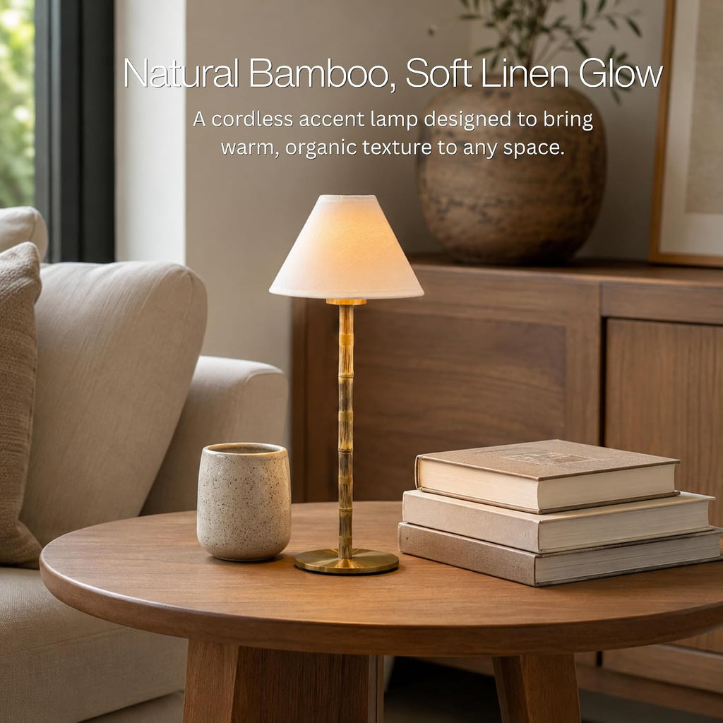 Bamboo Cordless LED Table Lamp – Rechargeable 24-Hour Battery, Dimmable Warm Light, Portable Wireless Lamp with Remote for Indoor/Outdoor Use, Home, Patio, Restaurant – (WHITE LINEN), 14.95" Tall