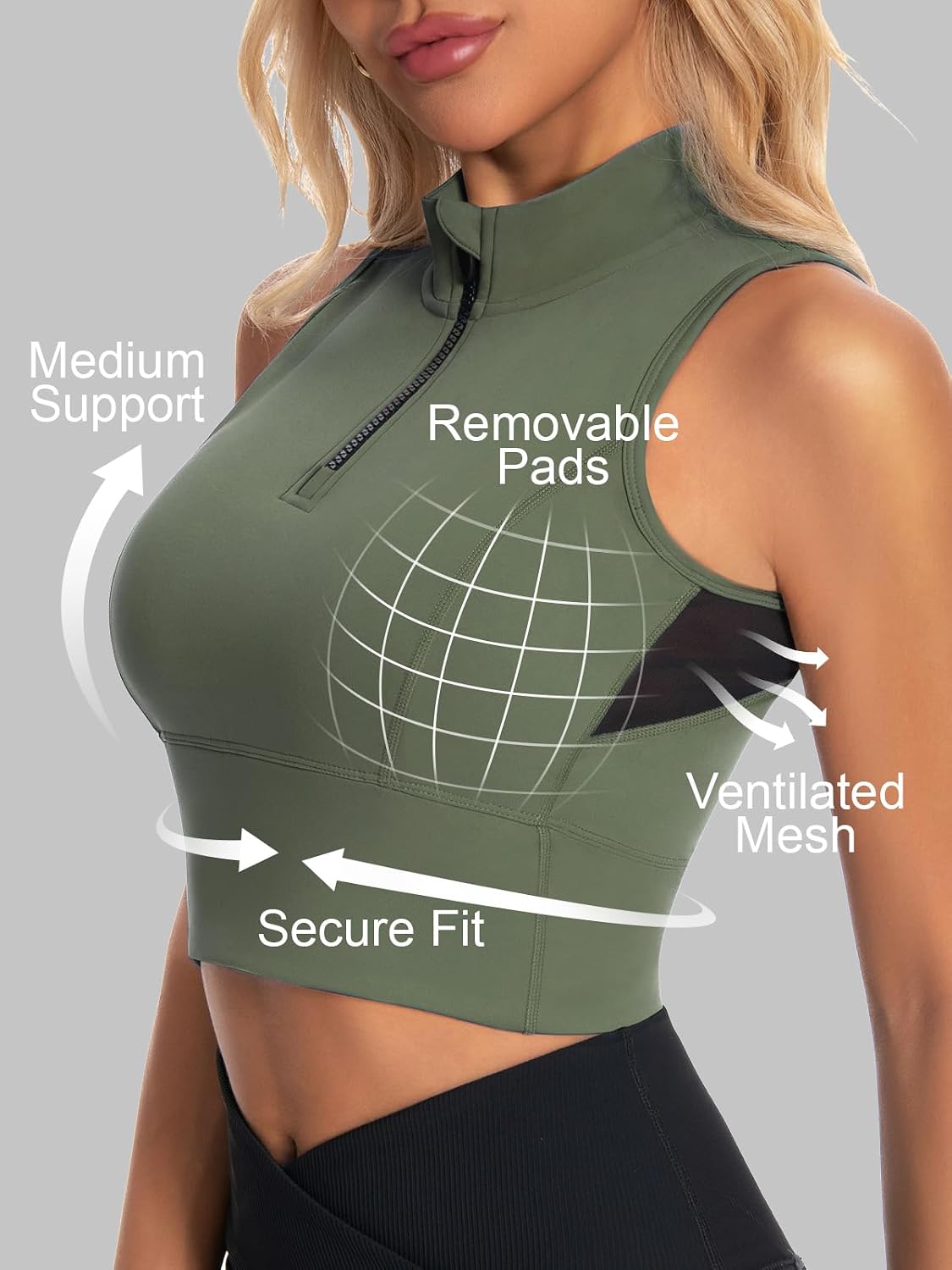 AARYA Zip Front Cropped Workout Tank Tops with Built in Bra