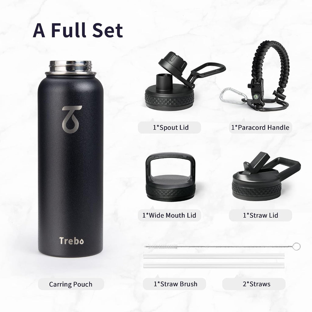 Trebo Water Bottle Insulated 40 oz with 3 Lids, Paracord Handle & Sleeve