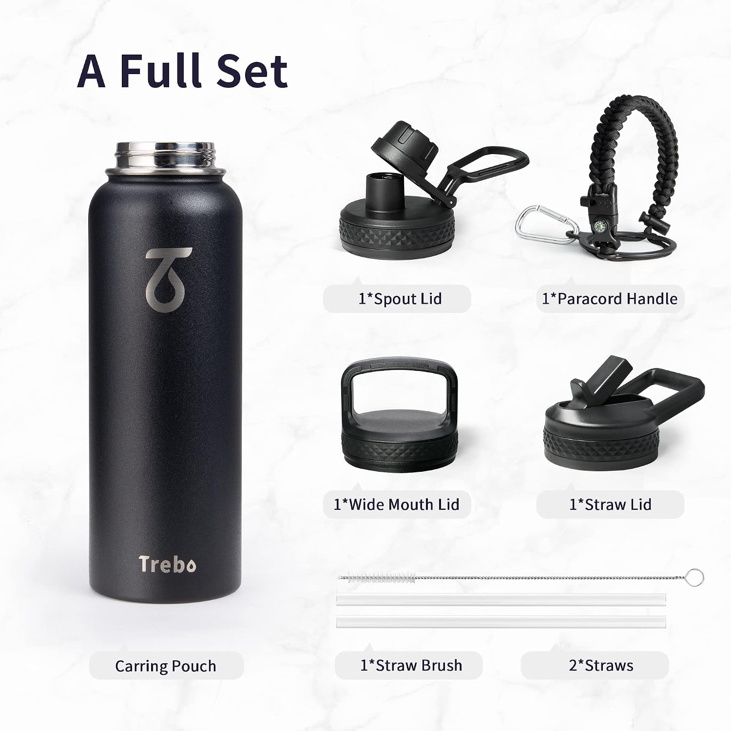 Trebo Water Bottle Insulated 40 oz with 3 Lids, Paracord Handle & Sleeve
