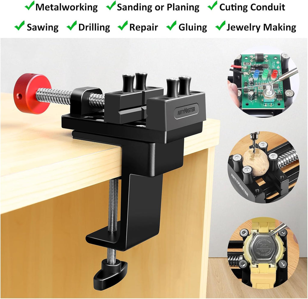 ArtyMaster Mini Drill Press Vise with Rubber Soft Jaws, 0-2.48" Clamping Range Mini Vice Clamp for Crafts, Jewelry Making, Modeling and Repairs, Precision Aluminum Small Vise for Small Projects