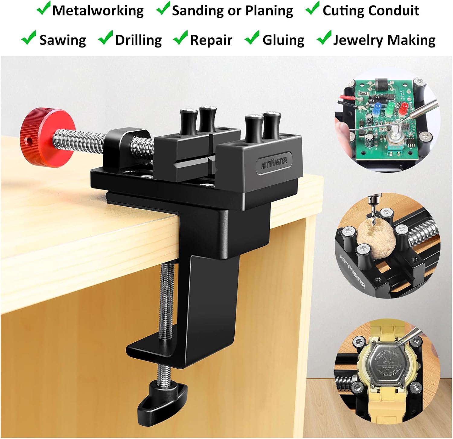 ArtyMaster Mini Drill Press Vise with Rubber Soft Jaws, 0-2.48" Clamping Range Mini Vice Clamp for Crafts, Jewelry Making, Modeling and Repairs, Precision Aluminum Small Vise for Small Projects