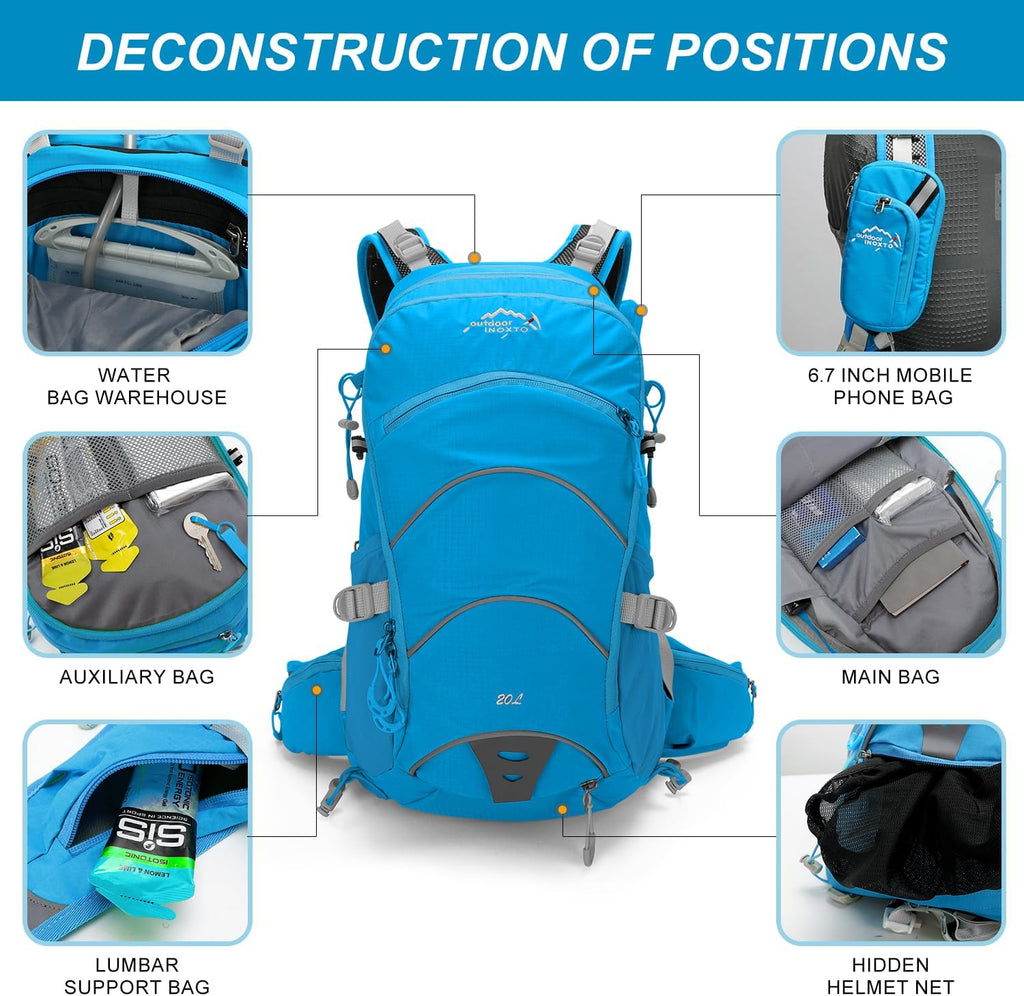 IX INOXTO 20L Hydration Backpack, Waterproof Hiking Internal Frame Backpacks with 2L Hydration Water Bladder and Rain Cover for Men, Lightweight Travel Daypack for Cycling,Camping,Ski (blue)