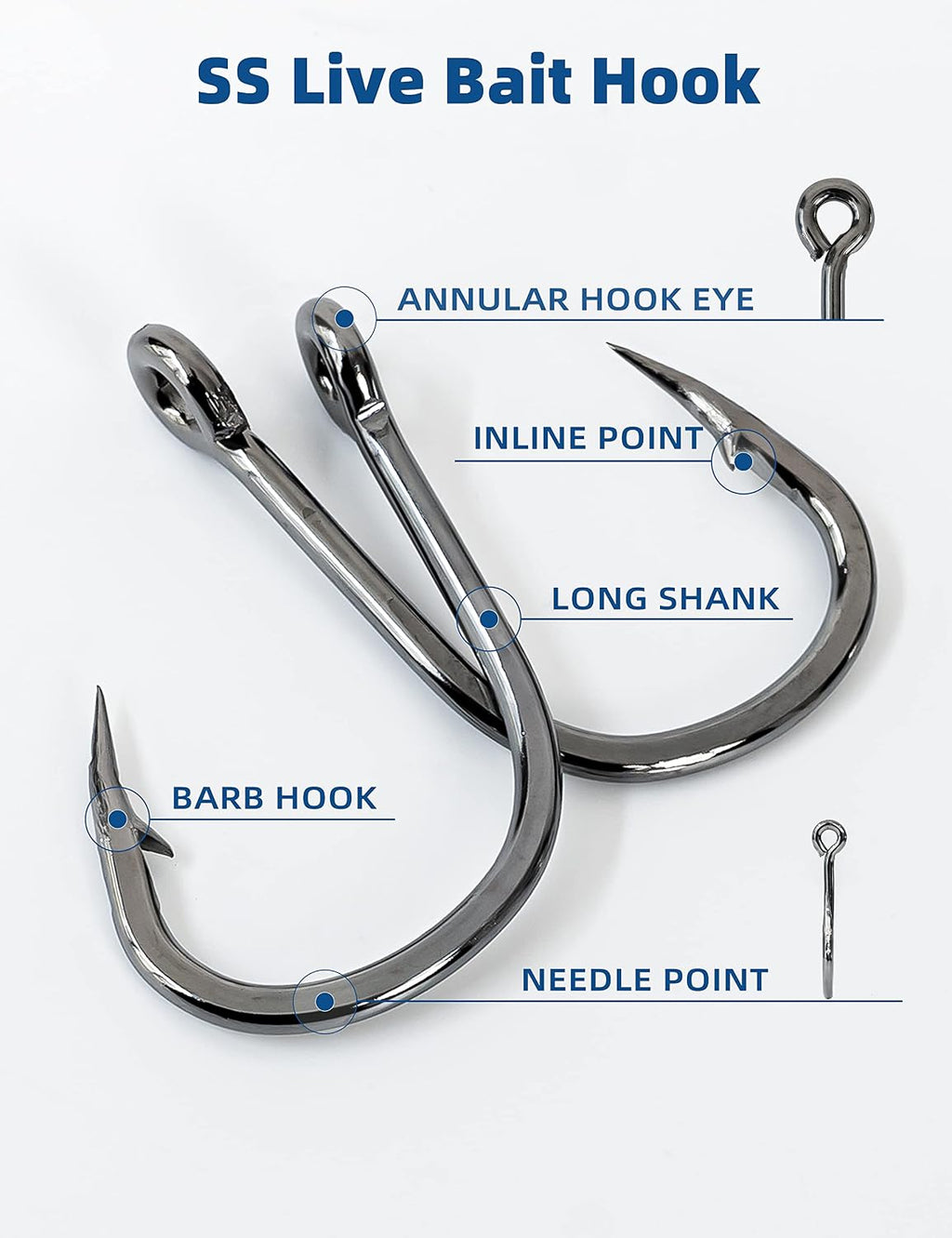 BLUEWING Stainless Steel Live Bait Hooks 10pcs/20pcs Ultra Sharp & Durable for Saltwater & Freshwater Fishing