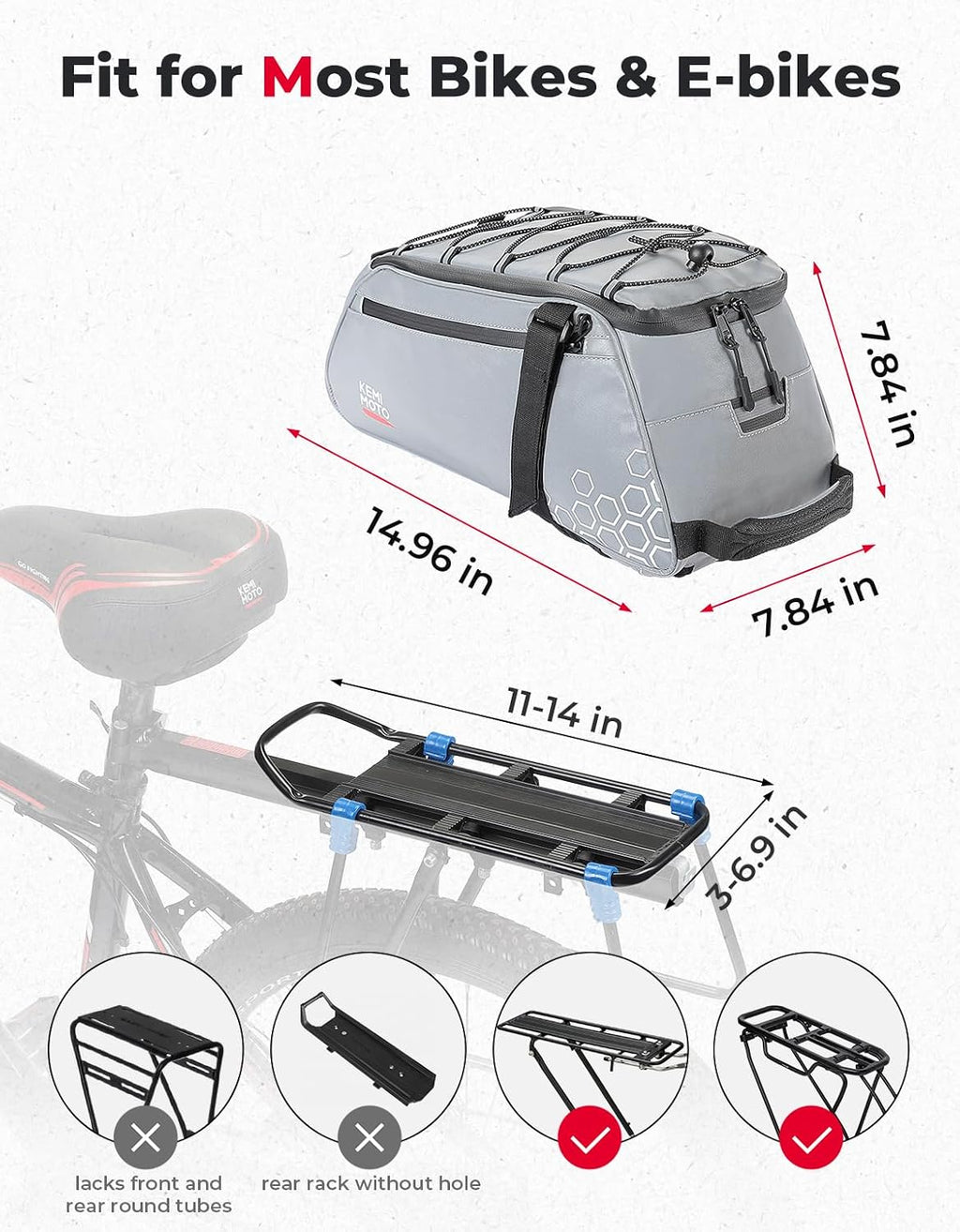 KEMIMOTO Fully Reflective 3-in-1 Rear Bike Bag, 11L Convertible Backpack