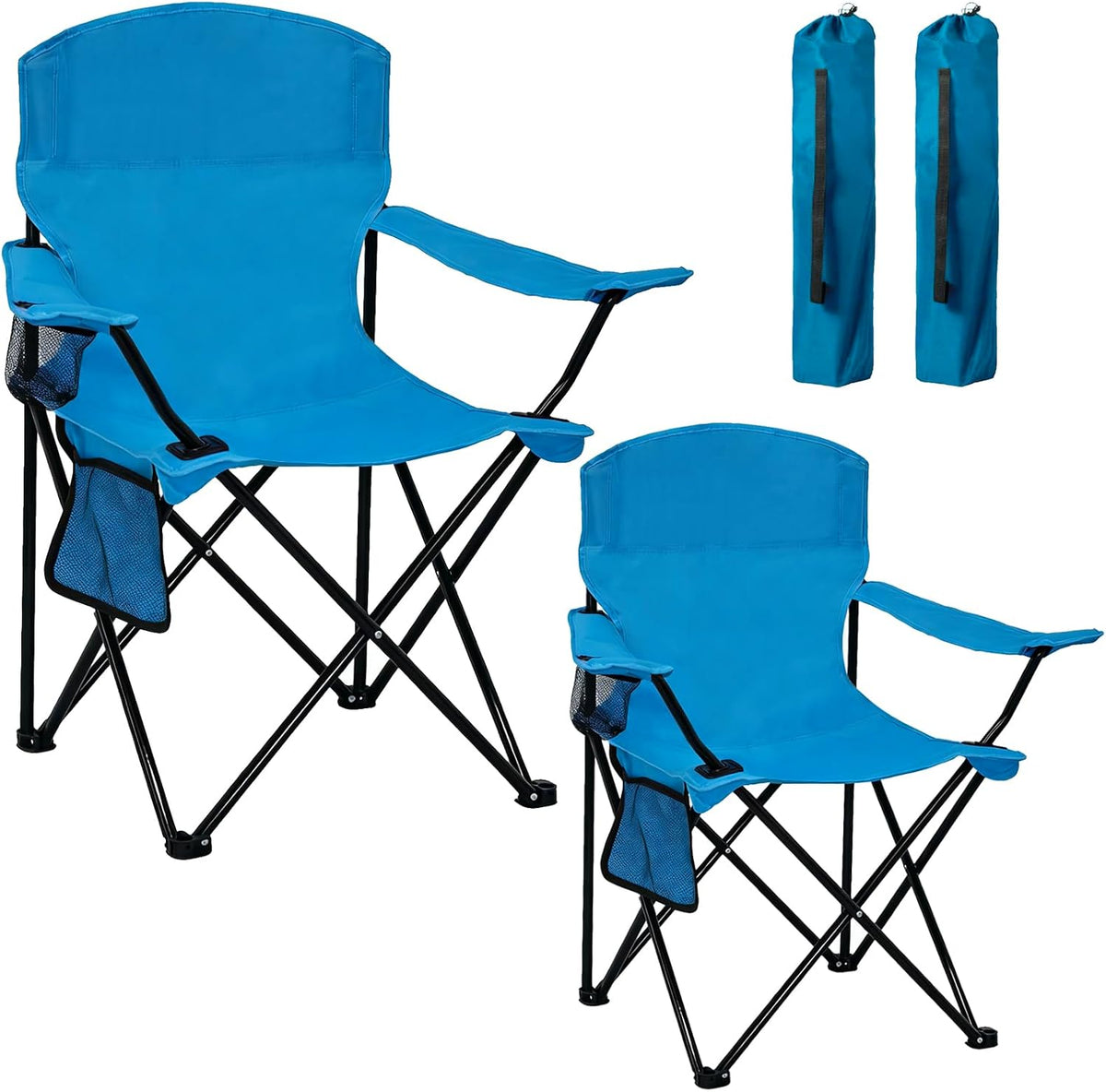 Folding Camping Chair with Cup Holder, 225lbs Capacity, Portable Foldable Chair with Large Anti-Sink Feet, PE Coated Fabric for Outdoor, Beach, Fishing, Backpacking, Blue 2PCS