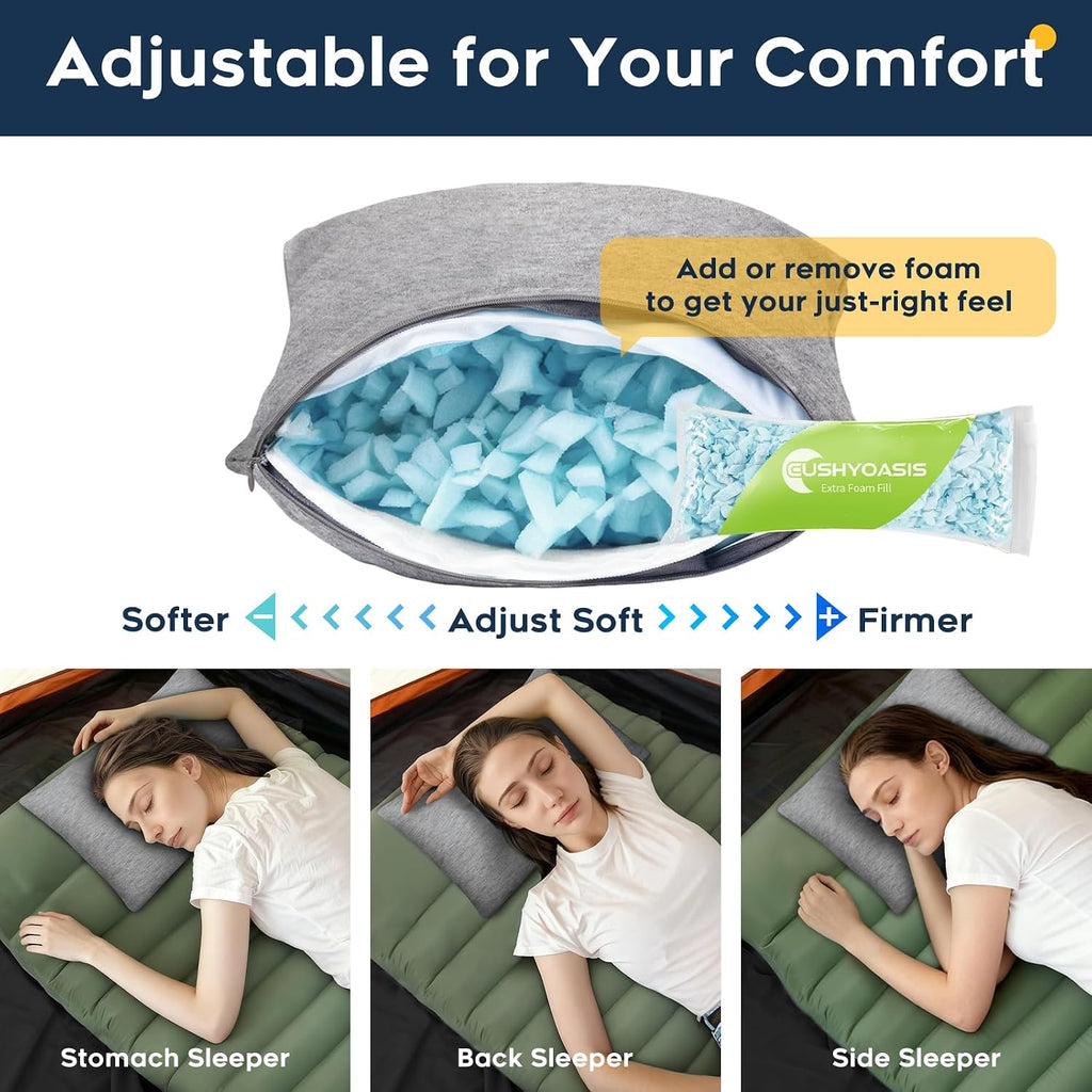 CushyOasis Camping Pillow Set with Travel Pillow, Eye Mask, Earplugs Small