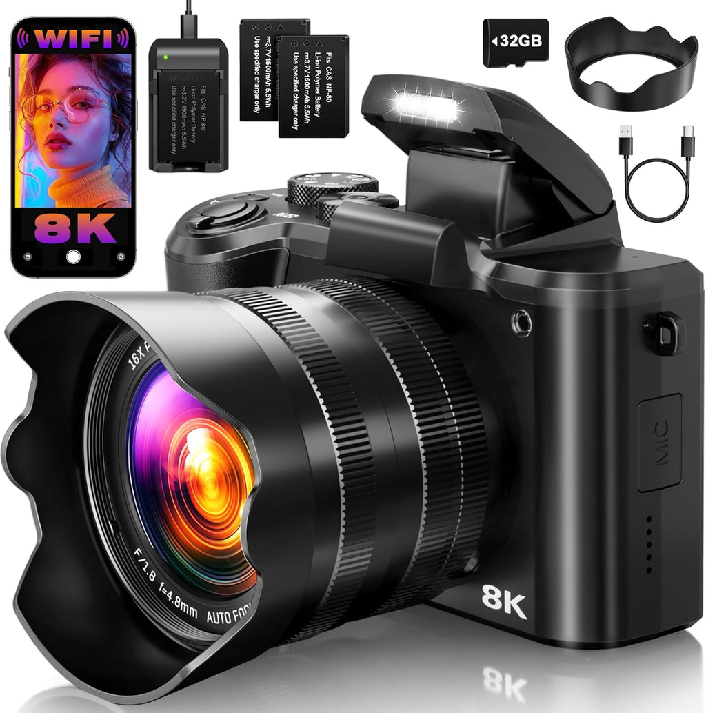 8K Digital Cameras for Photography, 2026 Autofocus 88MP WiFi Professional Photography Camera with Dual-Lens for YouTube, 16X Digital Zoom, TF Card, Lens Hood, Touch Screen,2 Batteries & Charging Stand