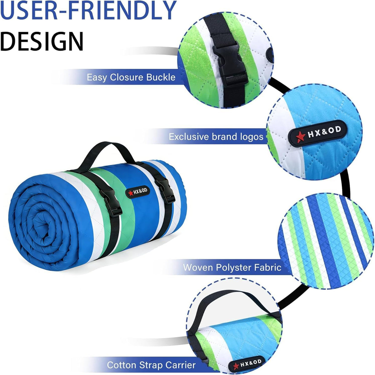 HX&OD Outdoor Picnic Blanket Extra Large, 80''*60'' Waterproof Picnic Mat with Stakes Foldable Camping Blanket Portable with Carry Strap for Beach Mat (Green& White, 80''*60'')