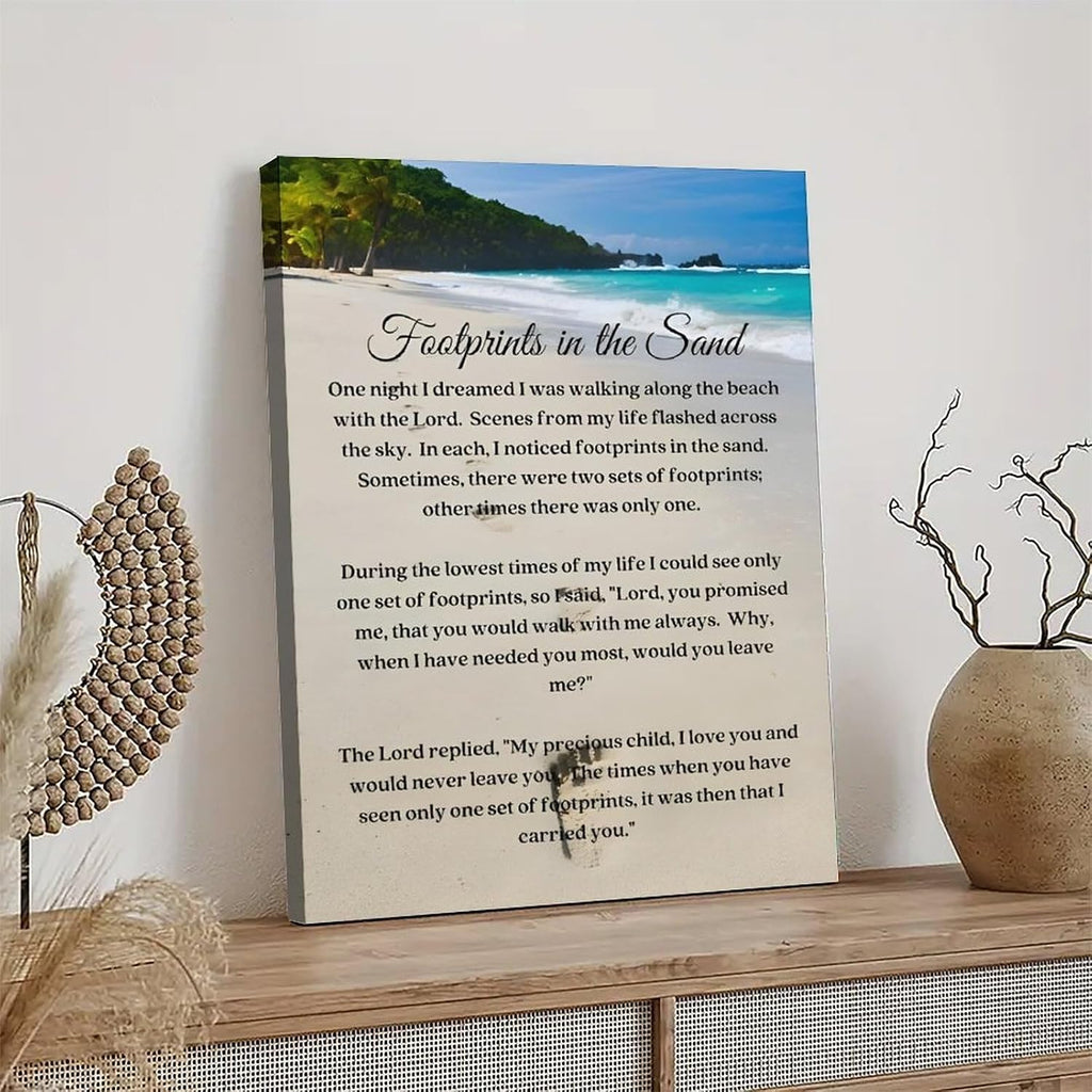 Footprints in the Sand Religious Canvas Wall Art Posters, Inspirational Beach Sunset Poem Print Poster (Framed 12x18inch, Footprints(4))
