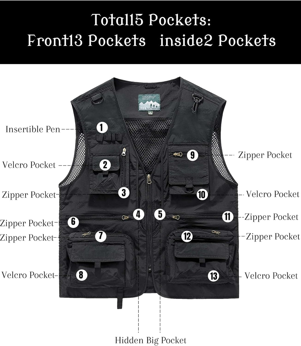 Men's Lightweight Mesh Fishing Vest Utility Outdoor Multi-Pocket Hunting Cargo Vest