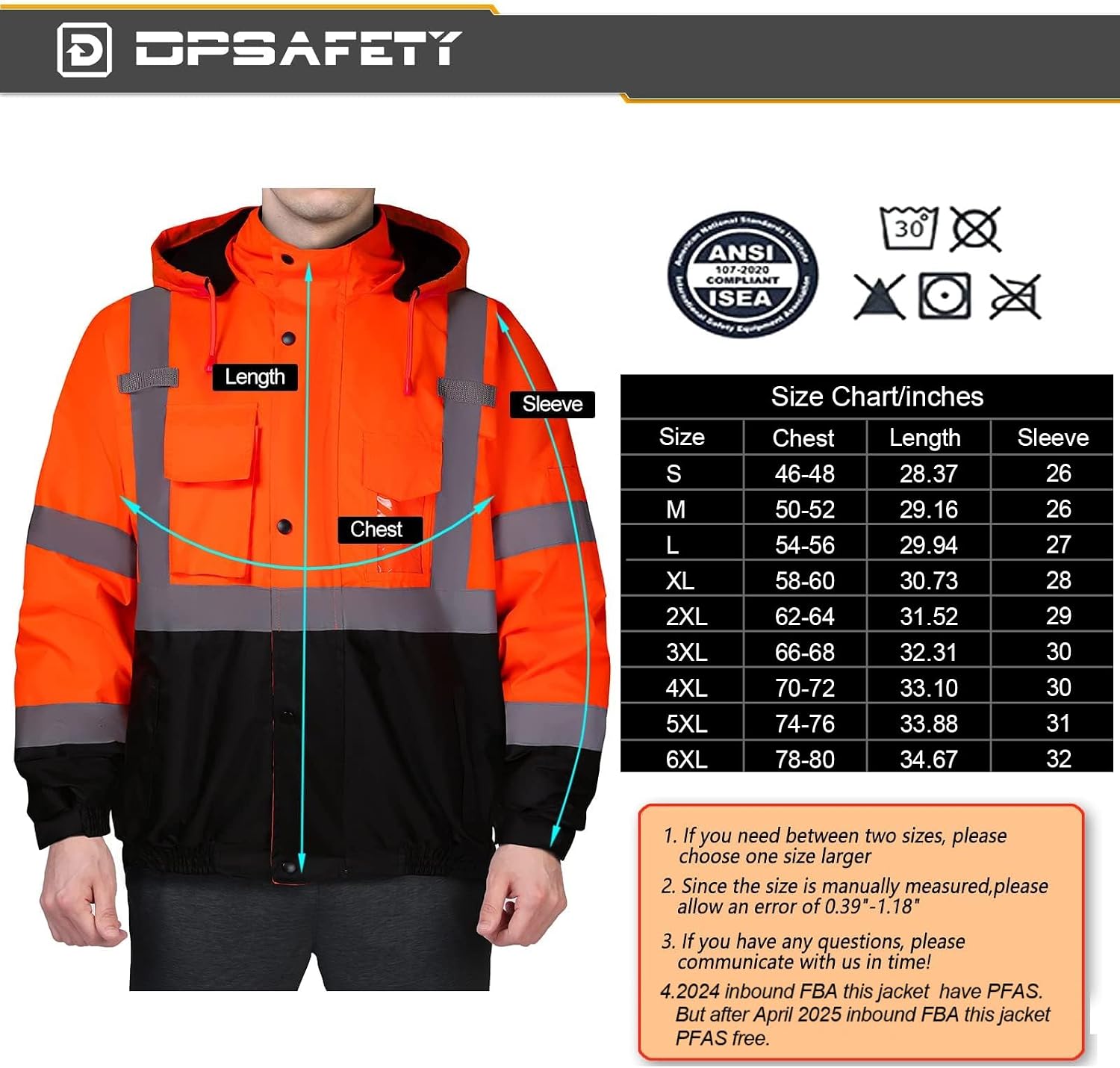 Safety jacket for men,Reflective high Visibility Hooded jacket,Hi-Vis Bomber Jacket with Pockets and Zipper,Waterproof,Black Bottom,ANSI/ISEA 107-2020 Type R Class 3,Orange