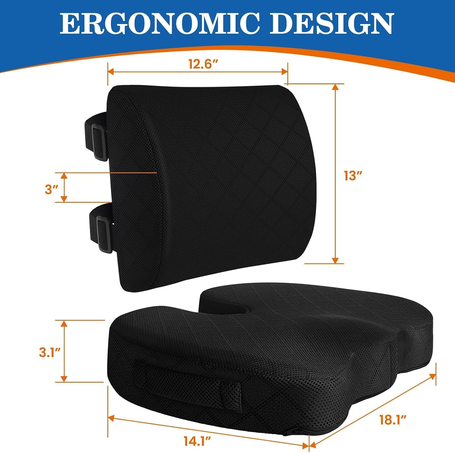 Back&Seat Cushion, Chair Cushions, Lumbar Back Support Pillow, Black/Large