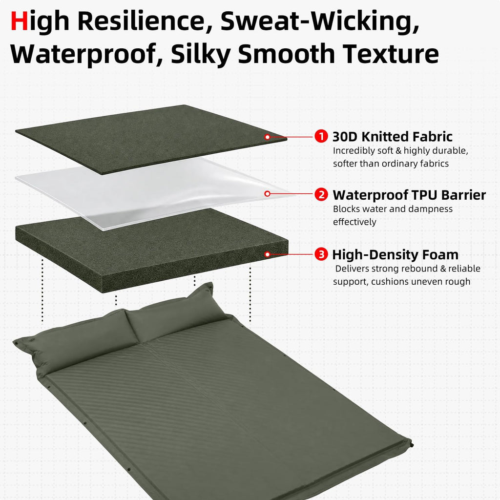 Abahub Self Inflating Sleeping Pad with Pillow, 2 Person, Green