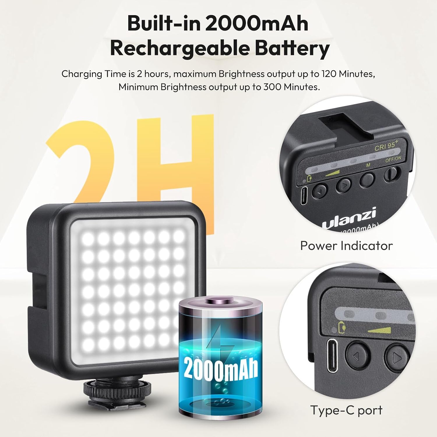 Ulanzi VL49 On-Camera LED Video Fill Light, 5500K 2000mAh Rechargeable