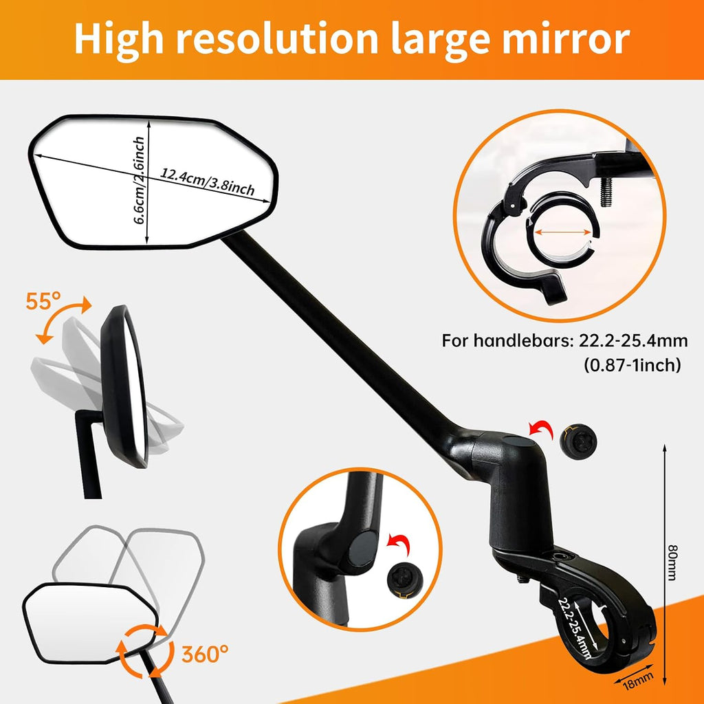 Bike Mirror, Aluminum Handlebar Mount Foldable & Adjustable Bicycle Mirror, HD Real Glass Rear View Mirror for E-bike Scooter MTB, Mountain Bike & City Bikes (Left 0.87-1")