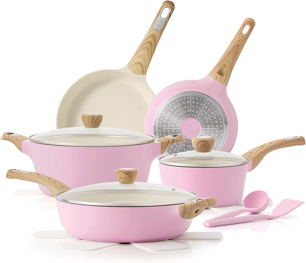 SENSARTE Pots and Pans Set Non stick, Non toxic Healthy Induction Cookware Sets, 14 Pcs Non Stick Kitchen Cooking Set with Frying Pans Set & Saucepan, PFOA PFOS Free, Black