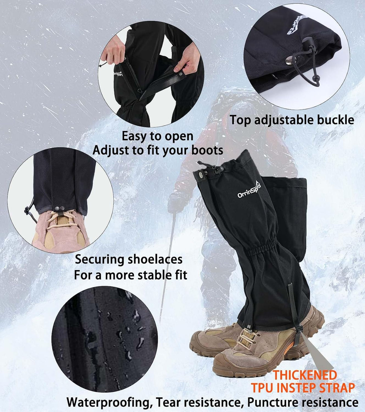 Waterproof Leg Gaiters for Men Women, Adjustable Snow Boot Gators for Hiking, Skiing, Hunting, Outdoor Adventures