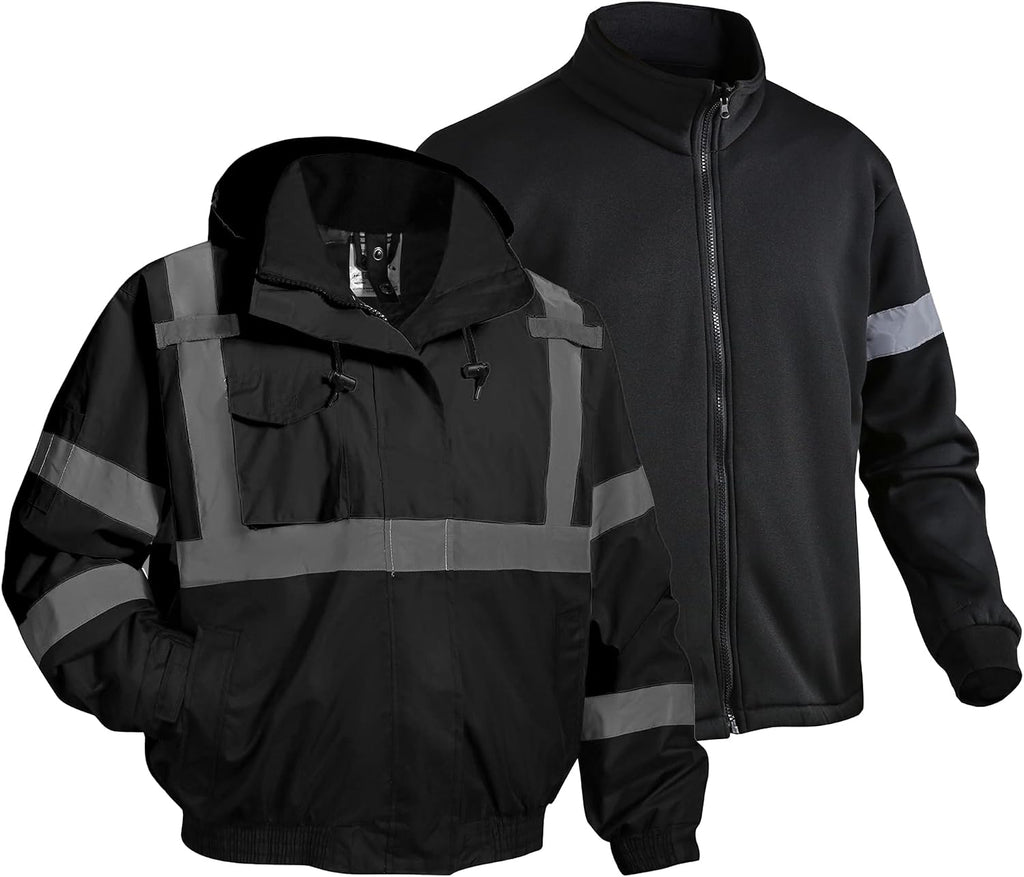Safety jacket for men,Reflective high Visibility Hooded jacket,Hi-Vis Bomber Jacket with Pockets and Zipper,Waterproof,Black Bottom,ANSI/ISEA 107-2020 Type R Class 3,Orange