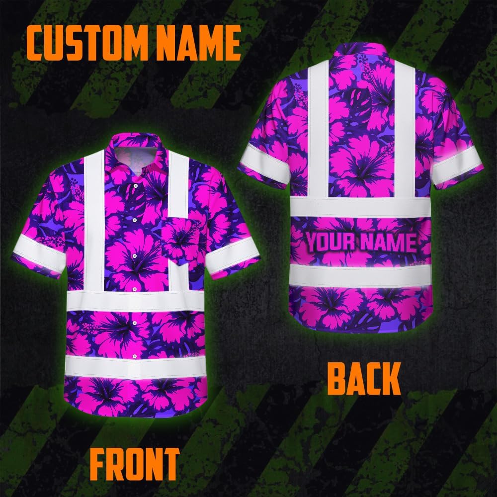 High Visibility Hawaiian Shirt for Men Tropical Shirts Custom Name Floral Outfit Reflective Safety Workwear