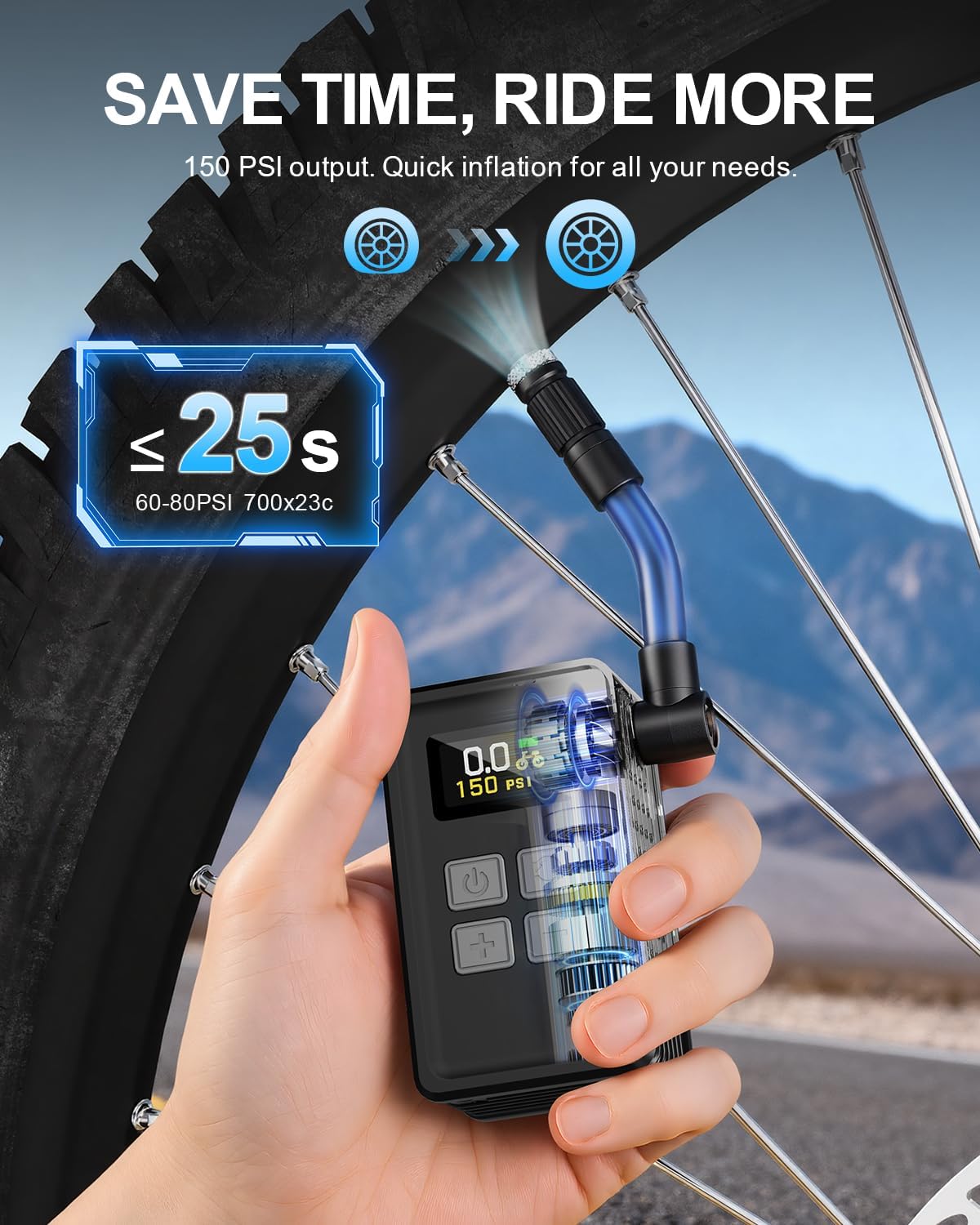 Mini Bike Pump 150 PSI Electric Tire Inflator with Gauge for Bikes