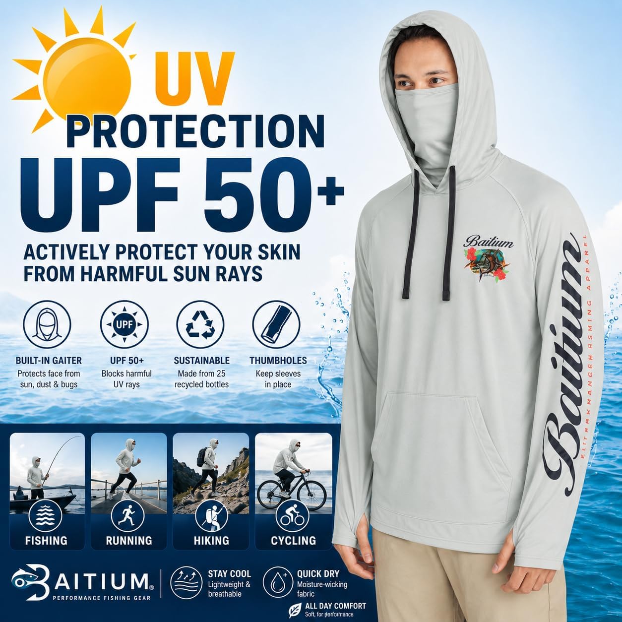 Fishing Shirts for Men,UPF50 Hooded Long Sleeve with Gaiter, Sun Protection Dry Fit Apparel, Face Mask, Fishing Clothes