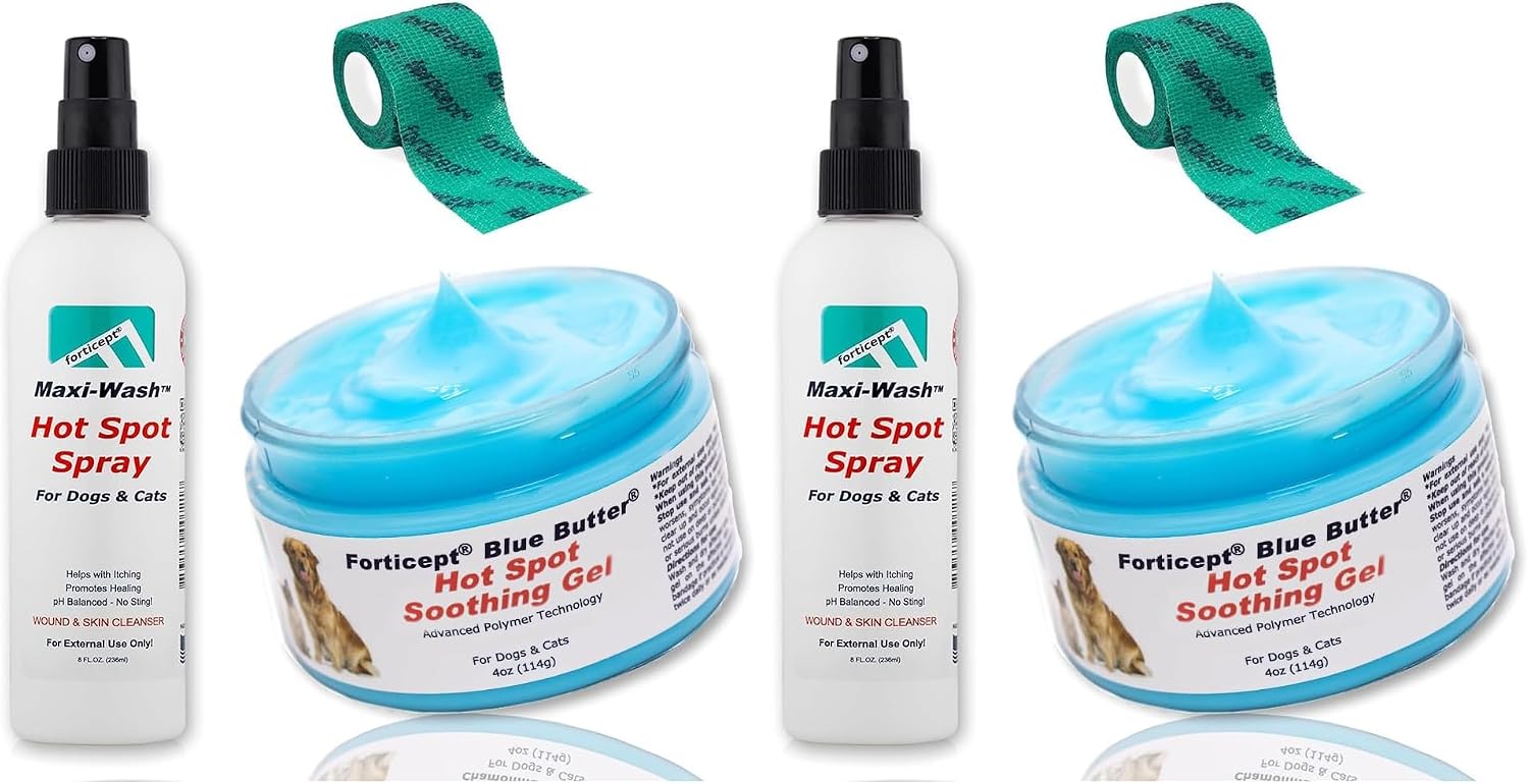 Forticept Hot Spot Treatment and Wound Care Kit for Dogs&Cats |Hotspot Wound Wash Spray 8oz + Wound Care Ointment 4oz + 2" 5 Yards Wound and Paw Bandage Wrap | First Aid Kit