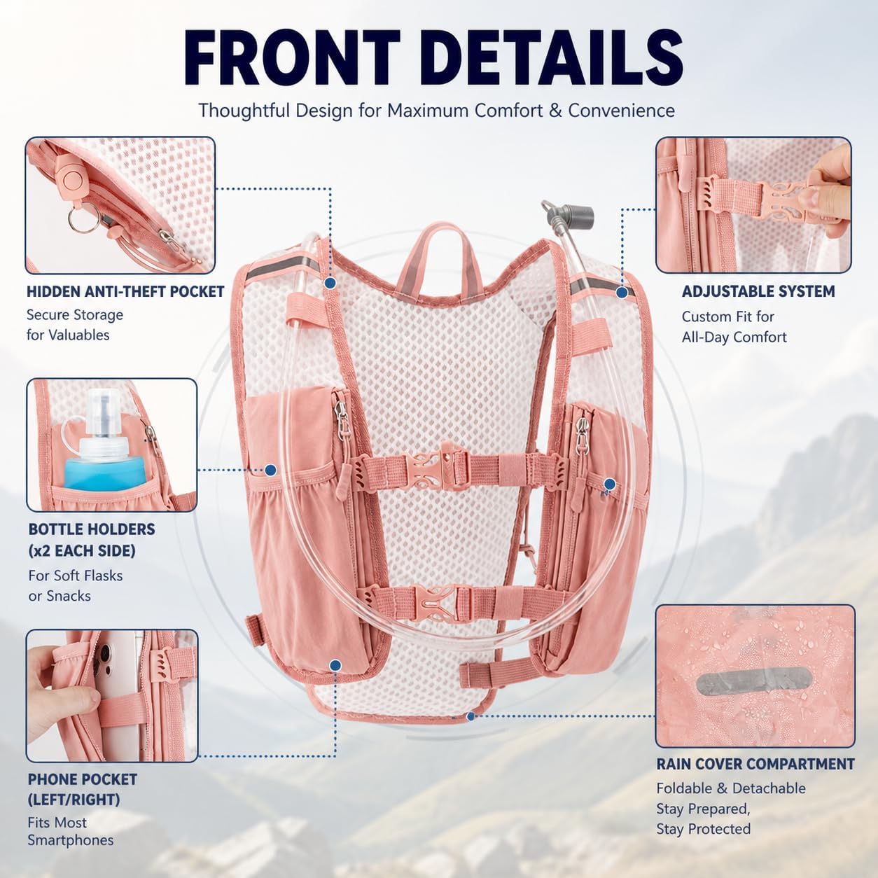 Zavothy Hydration Vest Pack with 1.5L Water Bladder, Lightweight 6L Hydration Backpack for Running, Hiking & Cycling, Breathable Reflective Hydration Vest for Men & Women