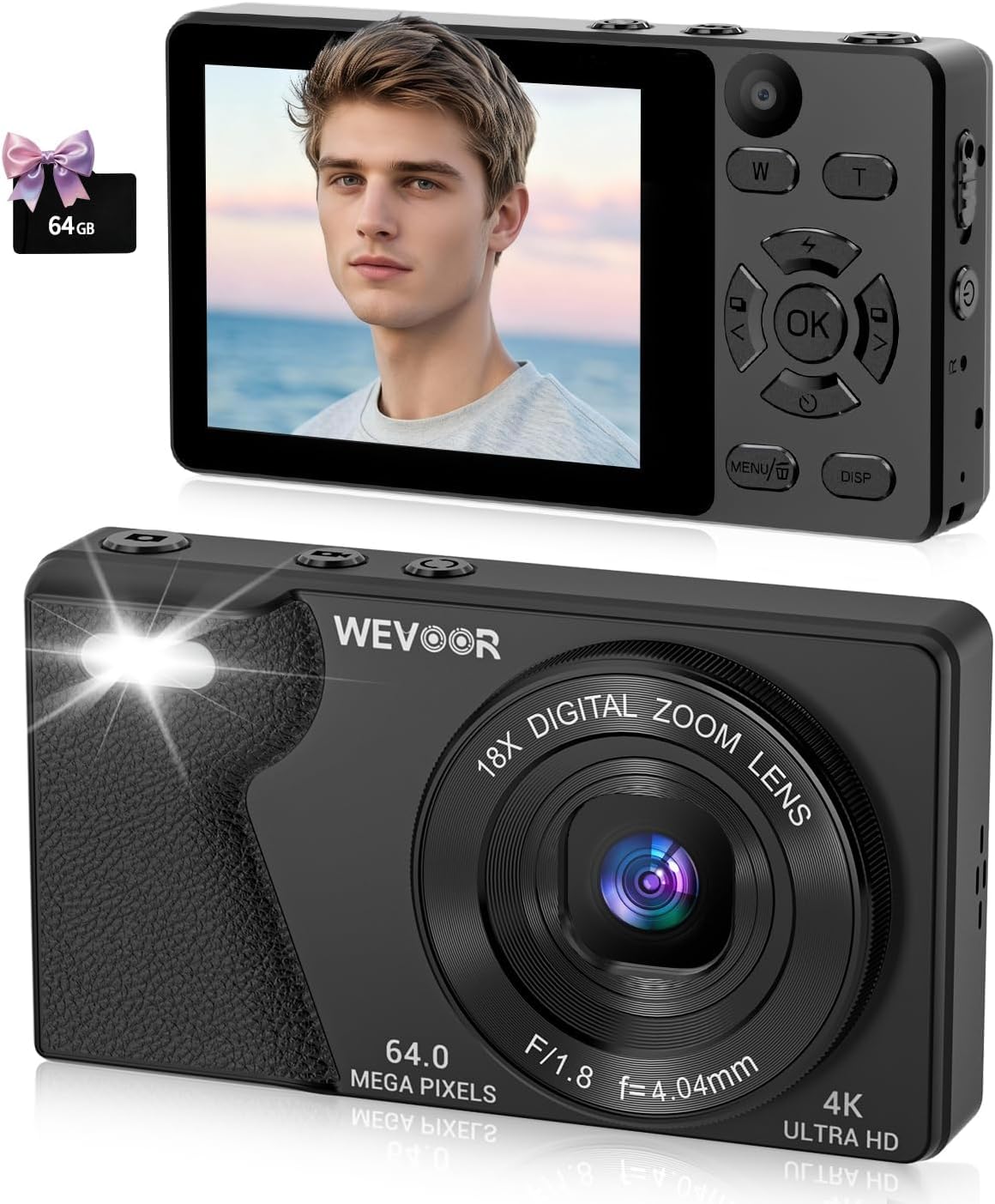 4K Digital Camera for Photography- 64MP Autofocus Vlogging Camera with Dual Lens, 18X Digital Zoom- Small Point and Shoot Camera with Card and 2000mAh for YouTube, Travel, Beginners (Black)