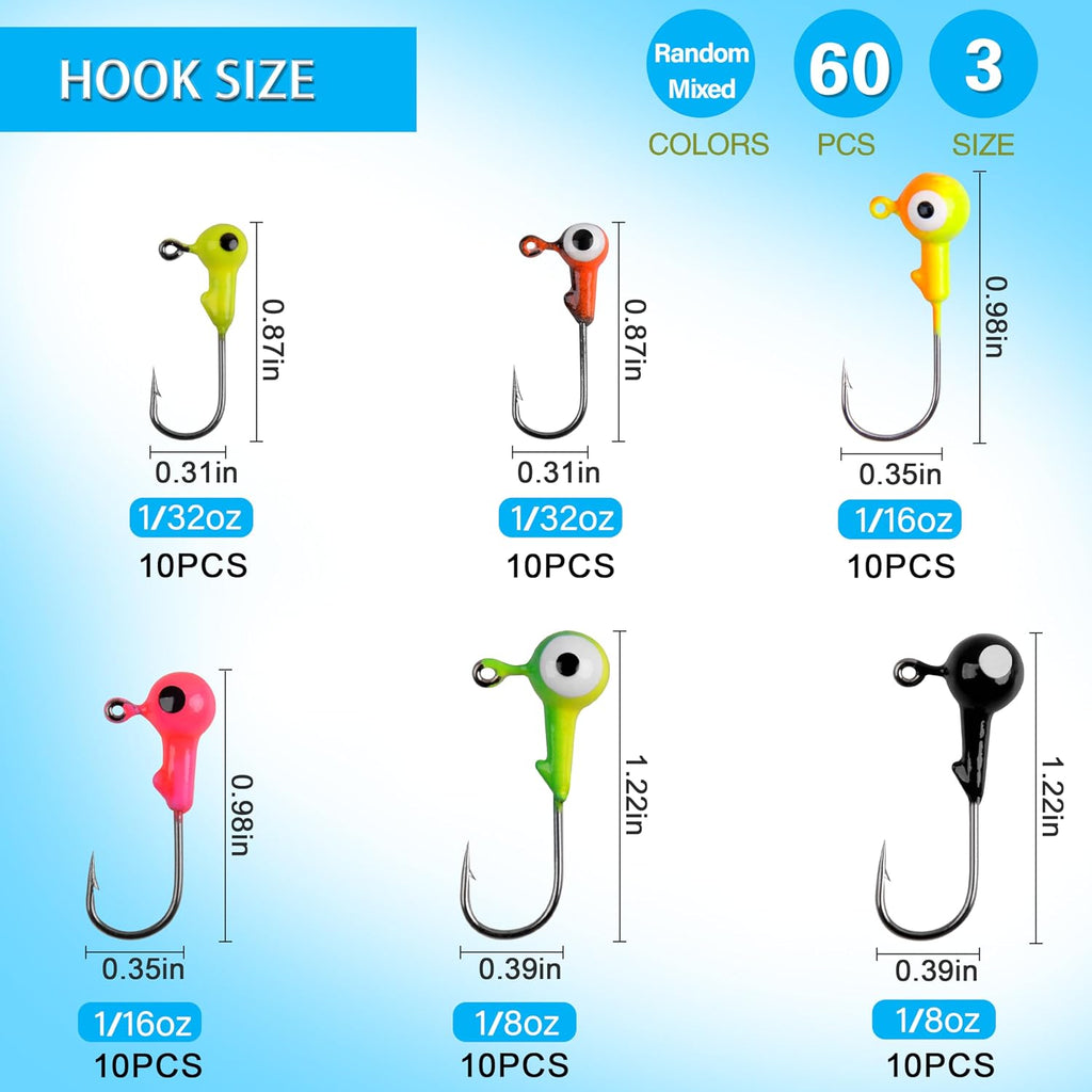 AGOOL Fishing Jig Heads Hooks Kit, 35/60pcs Round Ball Jig Heads Fishing Lures Crappie Jig Heads for Soft Plastic Baits Bass Trout Soft Worm Shrimp Lures Freshwater Saltwater