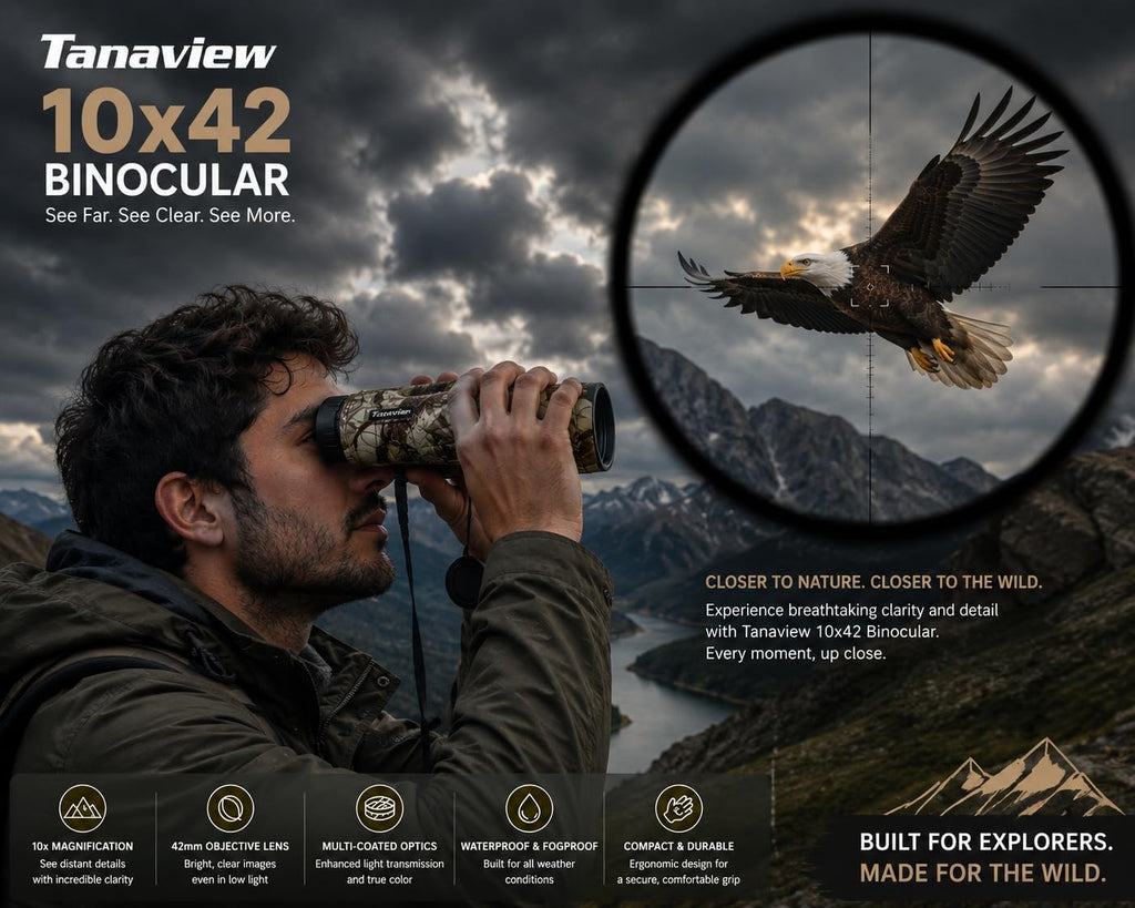10X42 Compact Binoculars for Adults - Long Distance, High Powered Binoculars with Travel Case - Extra Bright Light & Large Field of View - Lightweight, Water & Fog Proof, Hunting, Bird Watching