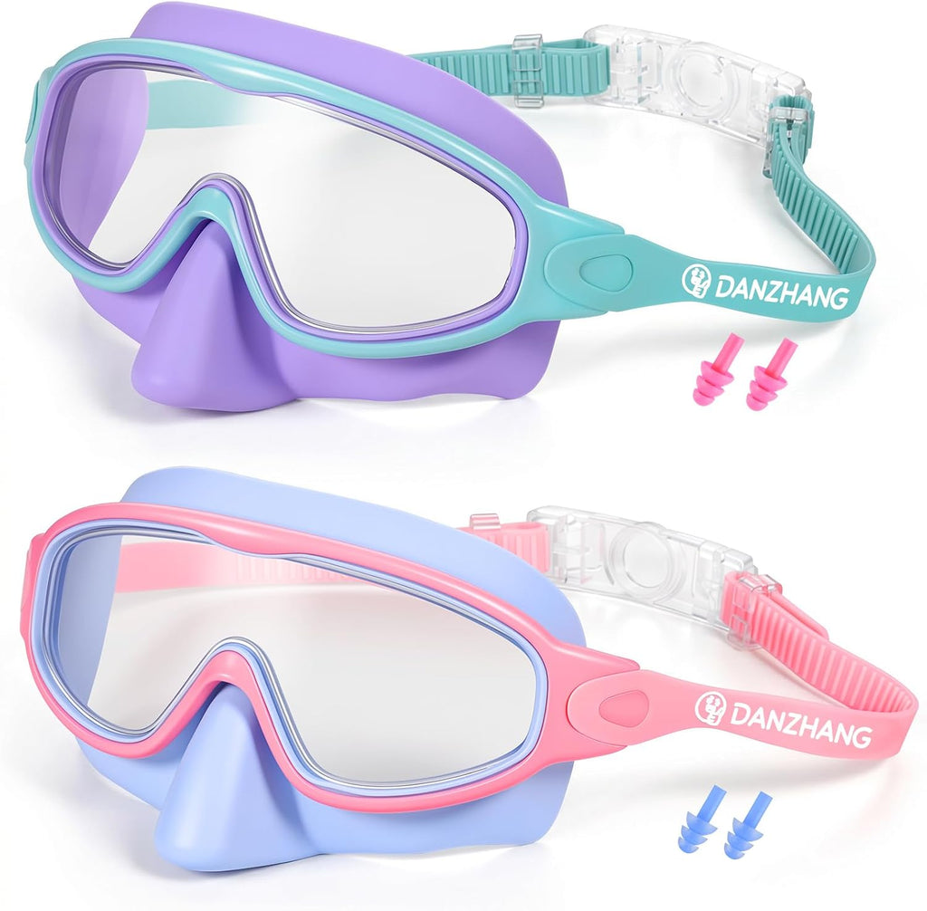 DANZHANG 2 Pack Kids Goggles with Nose Cover,Swim Goggle with Earplugs