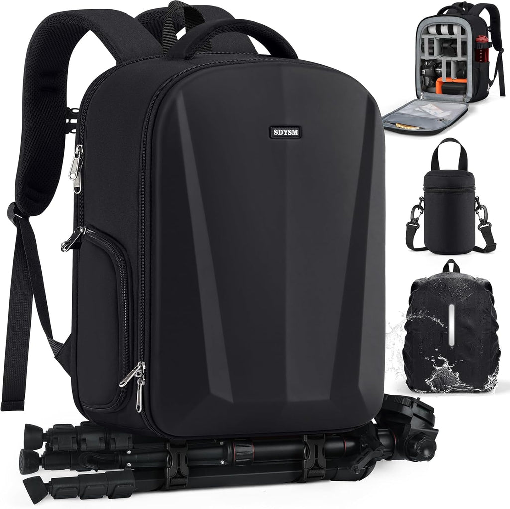 SDYSM Camera Backpack, Hardshell DSLR/SLR Camera Bag with Lens Pouch & 15.6" Laptop Compartment Waterproof Camera Case with Rain Cover Photography Backpack Compatible for Canon/Nikon/Sony/Drone Black