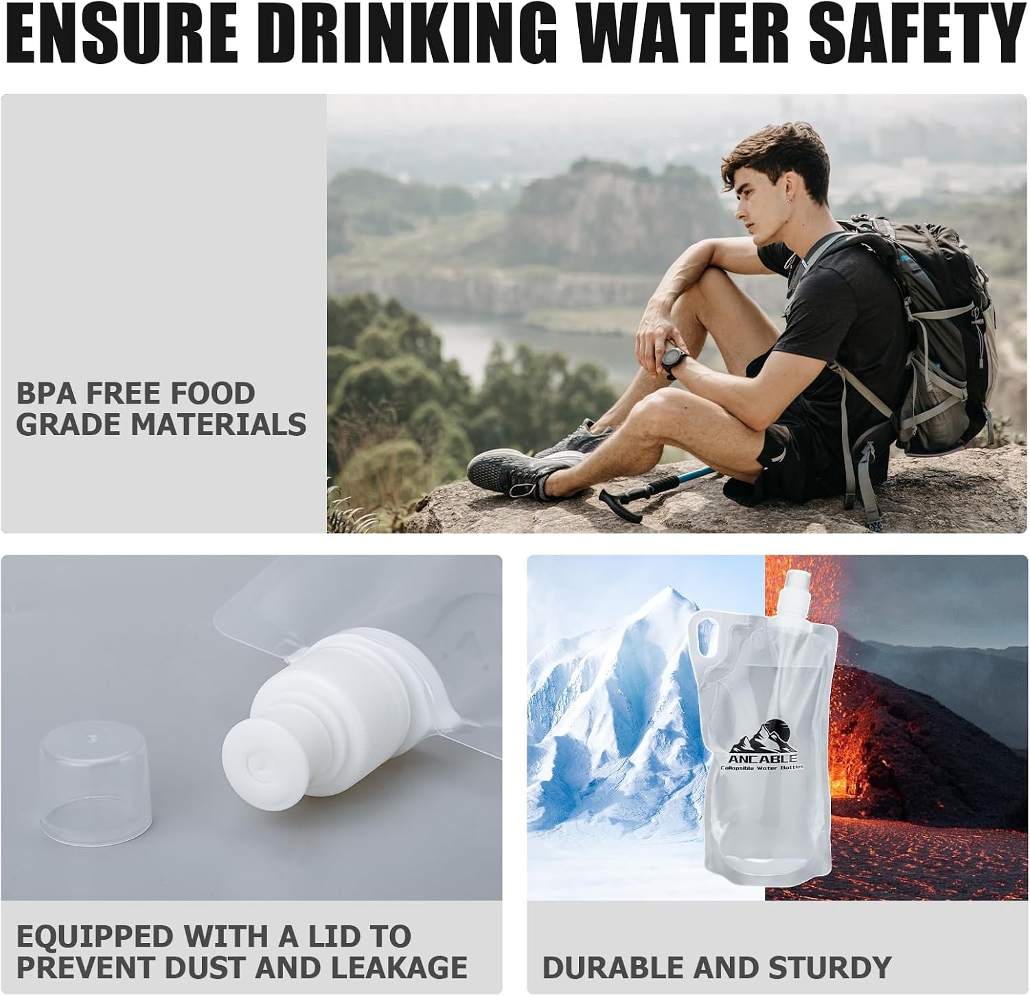 Ancable 1L Hiking Collapsible Water Bottles, 6-Pack 33OZ BPA-Free Foldable Backpacking Water Bottle for Travel Camping Hiking