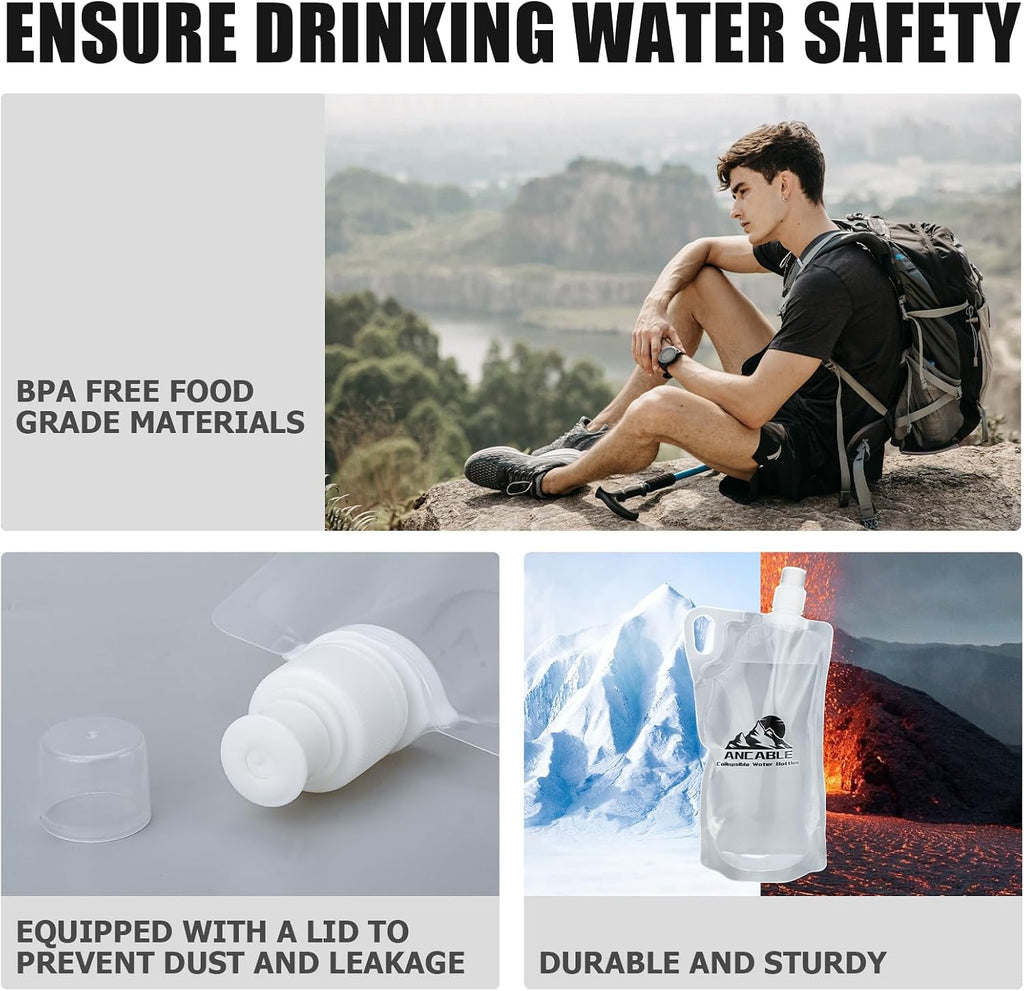 Ancable 1L Hiking Collapsible Water Bottles, 4-Pack 33OZ BPA-Free Foldable Backpacking Water Bottle for Travel Camping Hiking