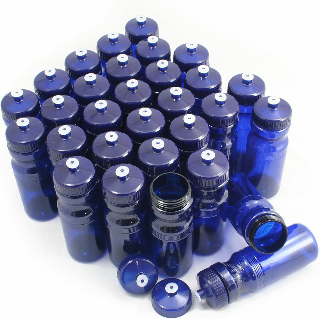 Rolling Sands Reusable Bulk Water Bottles 30 Pack - 24 Oz Sports Water Bottles, USA Made, BPA-Free, Wide Mouth for Easy Cleaning, Break Resistant - Translucent Navy Blue Bottle/Navy Blue Lid