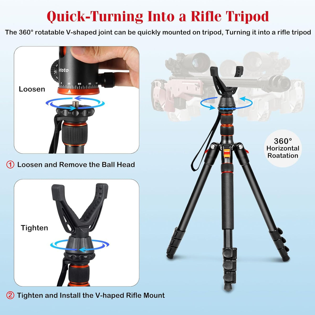 2 in 1 Camera Tripod & Hunting Stand Foldable, 68" Ball Head Tripod for Camera and Phone, Heavy Duty Tripod for DSLR Camera Lasers Binoculars Telescope Spotting Scope, Min Size 16.5" with Bag