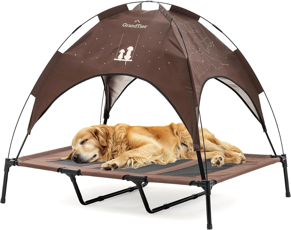 GRANDTIES Cooling Elevated Dog Bed with Canopy – XL Portable Pet Cot for Outdoor & Indoor Use – Waterproof Removable Shade, Breathable Mesh, Slip-Resistant Feet, Easy Assembly – Ivory White