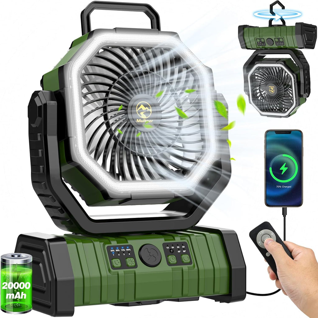 20000mAh Rechargeable Camping Fan with LED Lantern, Battery Powered Fan | Auto-Oscillating Portable Fan with Remote & Hook, 4 Speeds Portable Tent Fan for Travel,Outdoor,Home, RV,Camping Essentials