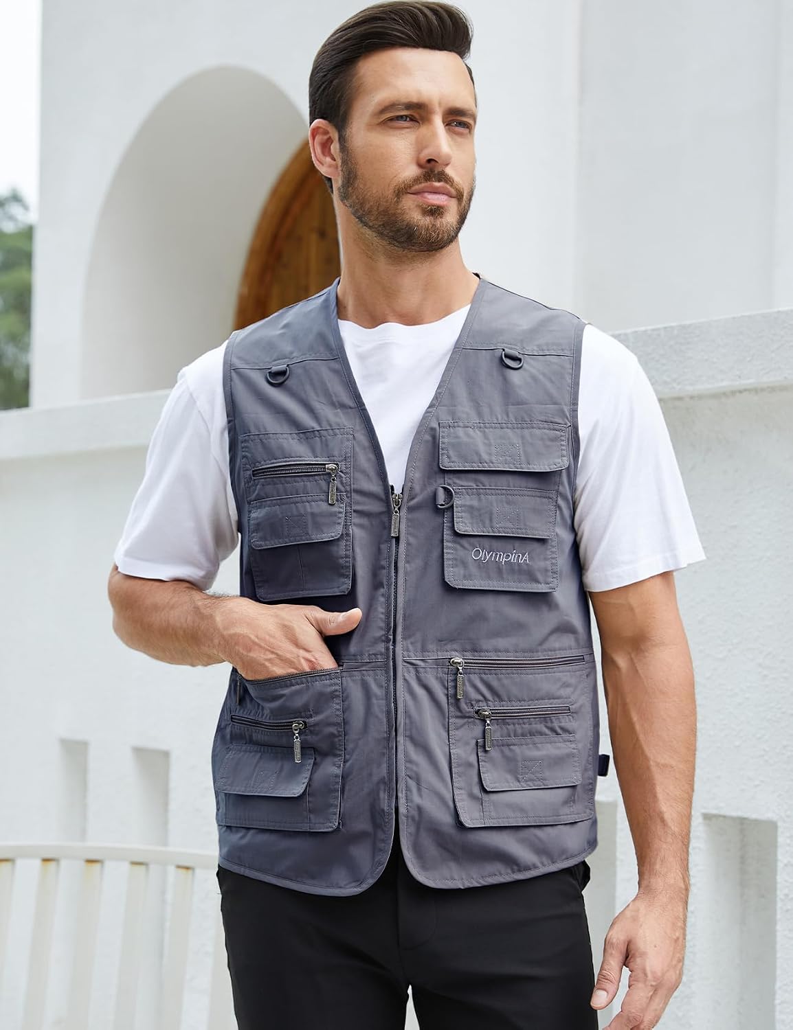 Gihuo Men's Fishing Vest Utility Safari Travel Vest with Pockets Outdoor Work Photo Cargo Fly Summer Vest