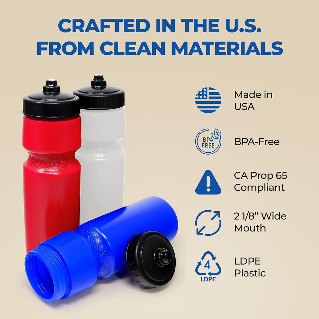 Rolling Sands USA Made 24 oz Sports Squeeze Water Bottles, 8 Pack, BPA-Free, Easy Drink One Way Flow Valve, Fits Most Bike Cages, Dishwasher Safe, Durable, Reusable and Lightweight, Variety