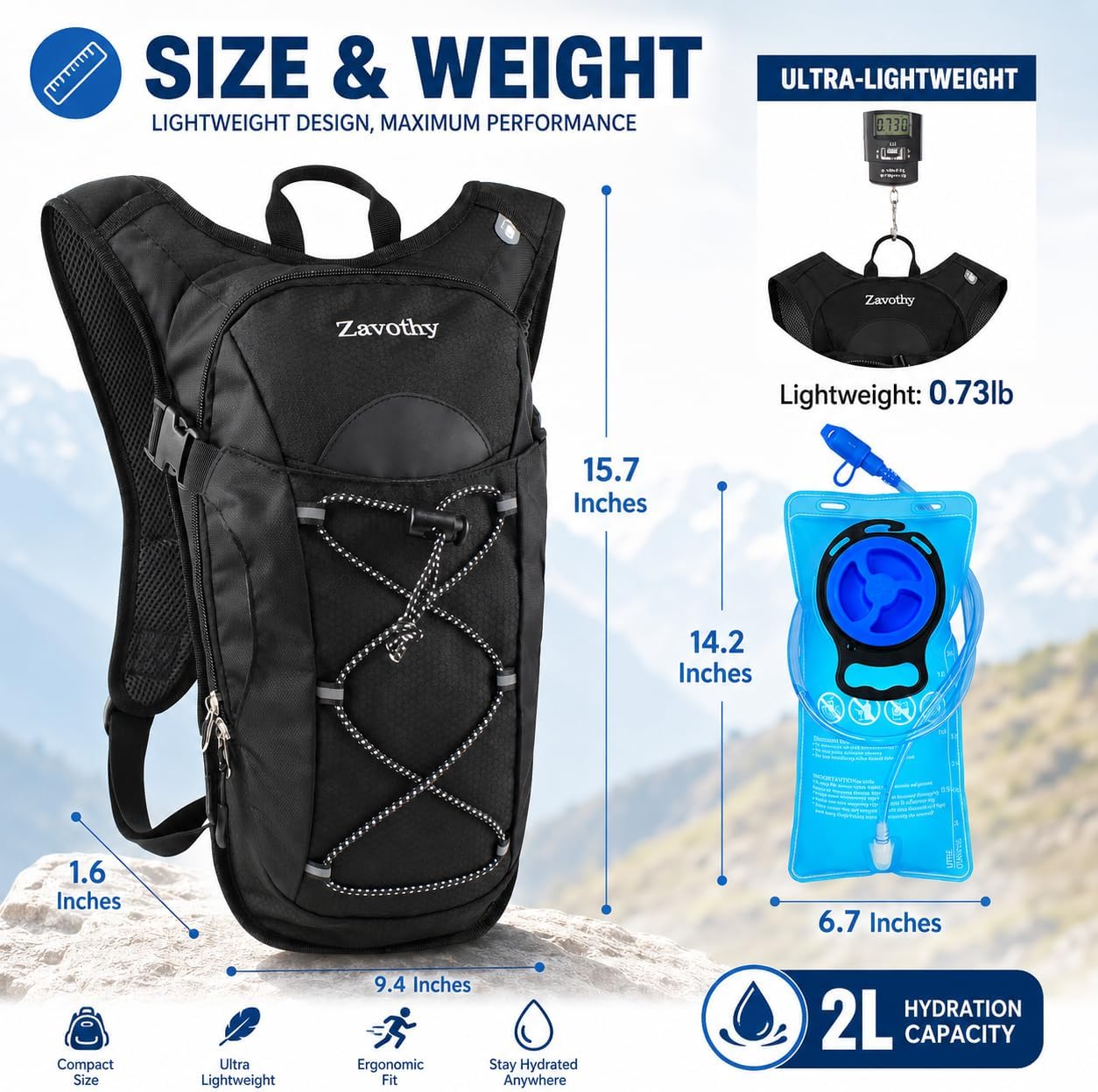 Zavothy Hydration Backpack with 2L Hydration Bladder Water Backpack for Hiking Hydration Pack for Running Cycling Hiking