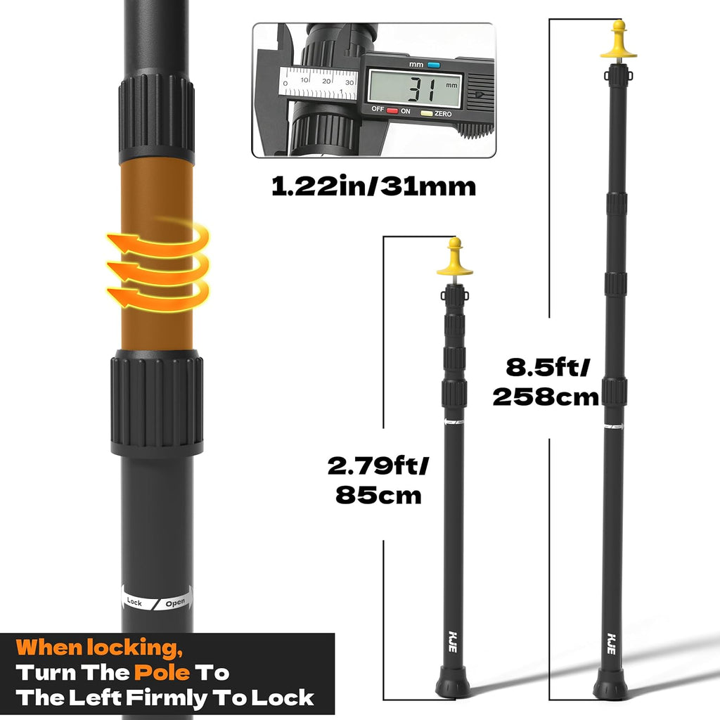 KJE 2 Pack Adjustable Heavy-Duty Tarp Poles, Camping Tent Poles Set with Ground Stakes & Guylines & Yellow Protection Caps, Aluminum Telescoping Pole(2.79ft to 8.5ft) for Outdoor Tarp Use
