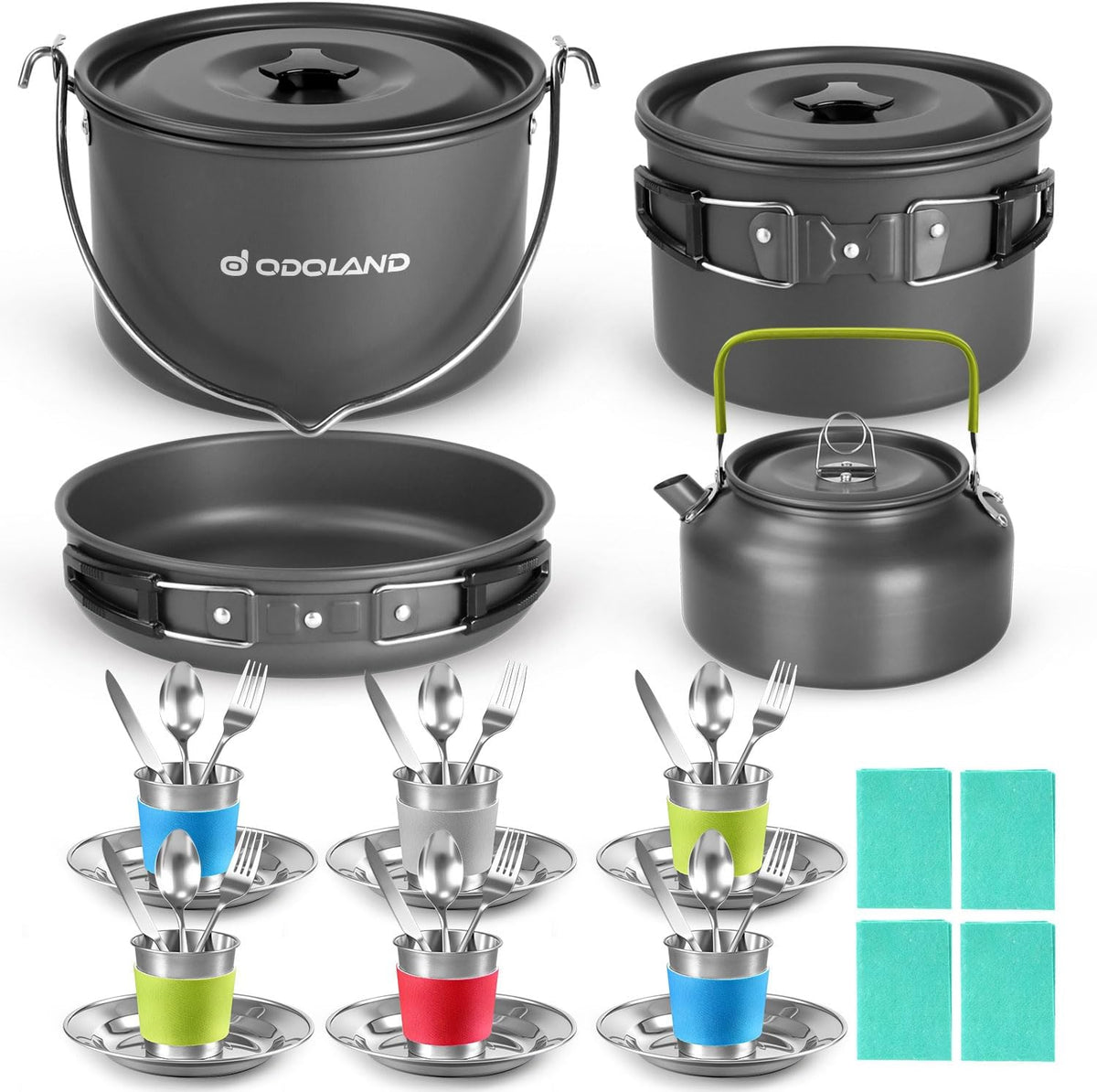 Odoland 39pcs Camping Cookware Mess Kit, Non-Stick Large Size Hanging Pot Pan Kettle with Base Dinner Cutlery Sets for 6 and More, Cups Dishes Forks Spoons Kit for Outdoor Camping Hiking Picnic