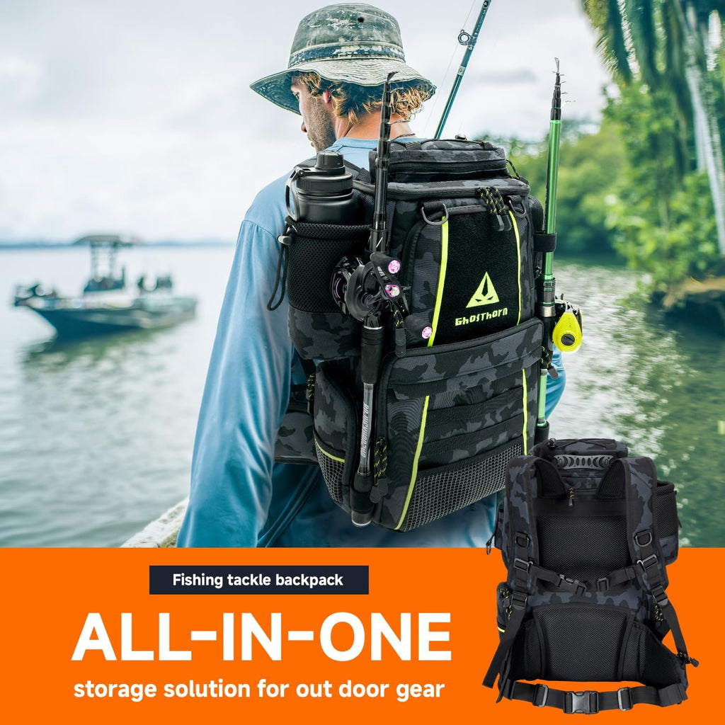 Ghosthorn 43L Fishing Tackle Backpack with 4 Tackle Boxes & Rod Holder