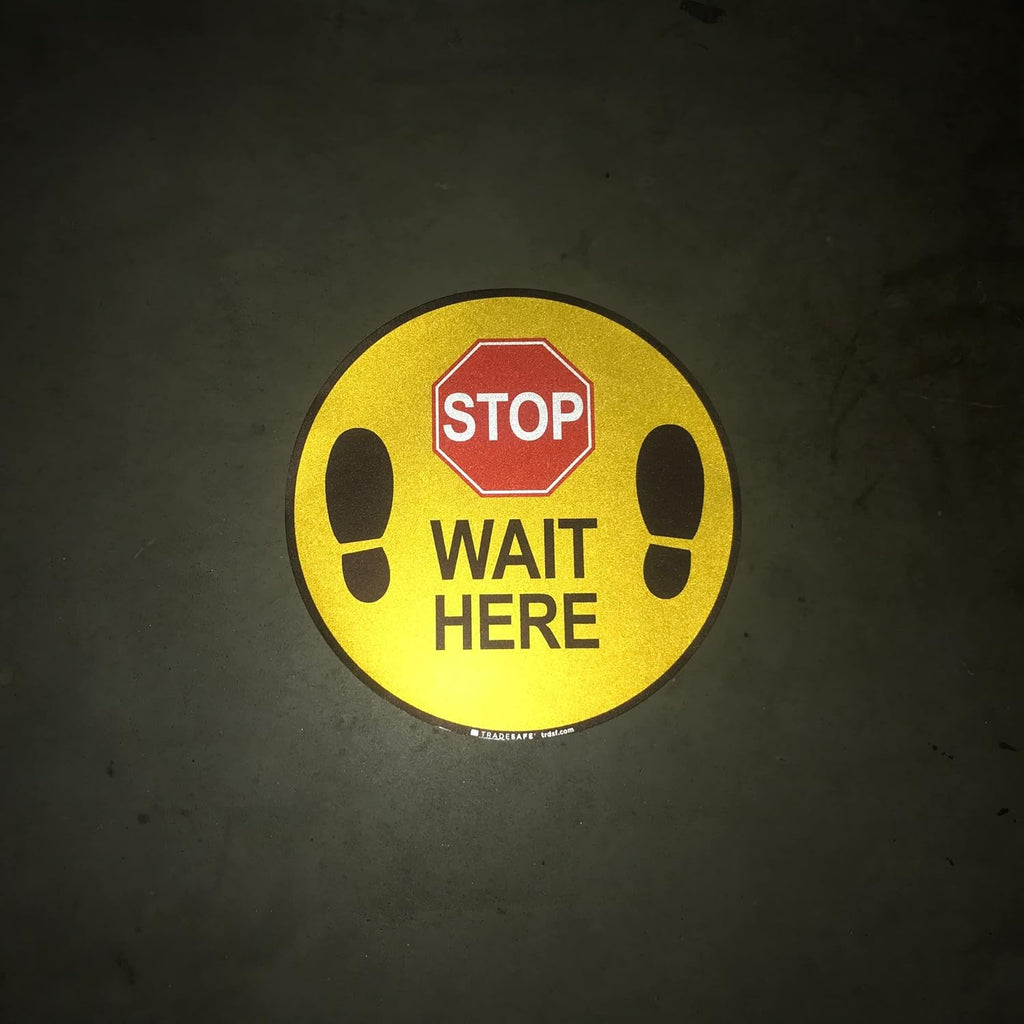 TRADESAFE Stop - Wait Here Anti-Slip Floor Sticker - Wait Here Floor Sign, Peel and Stick Adhesive Vinyl Sign, ANSI-Compliant, 17” Diameter Round Sticker
